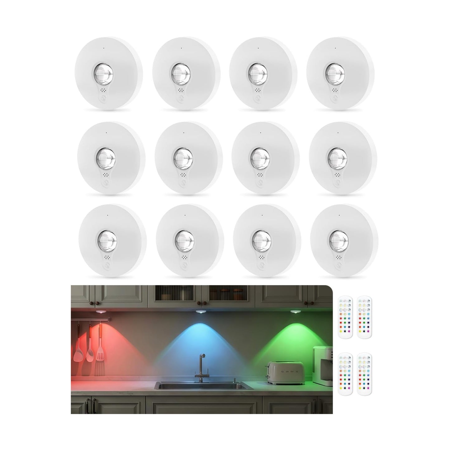 RGB Rechargeable Puck Lights with Remote Control, 1500mAh Battery Operated Tap Lights, Dimmer & Timer Under Cabinet
