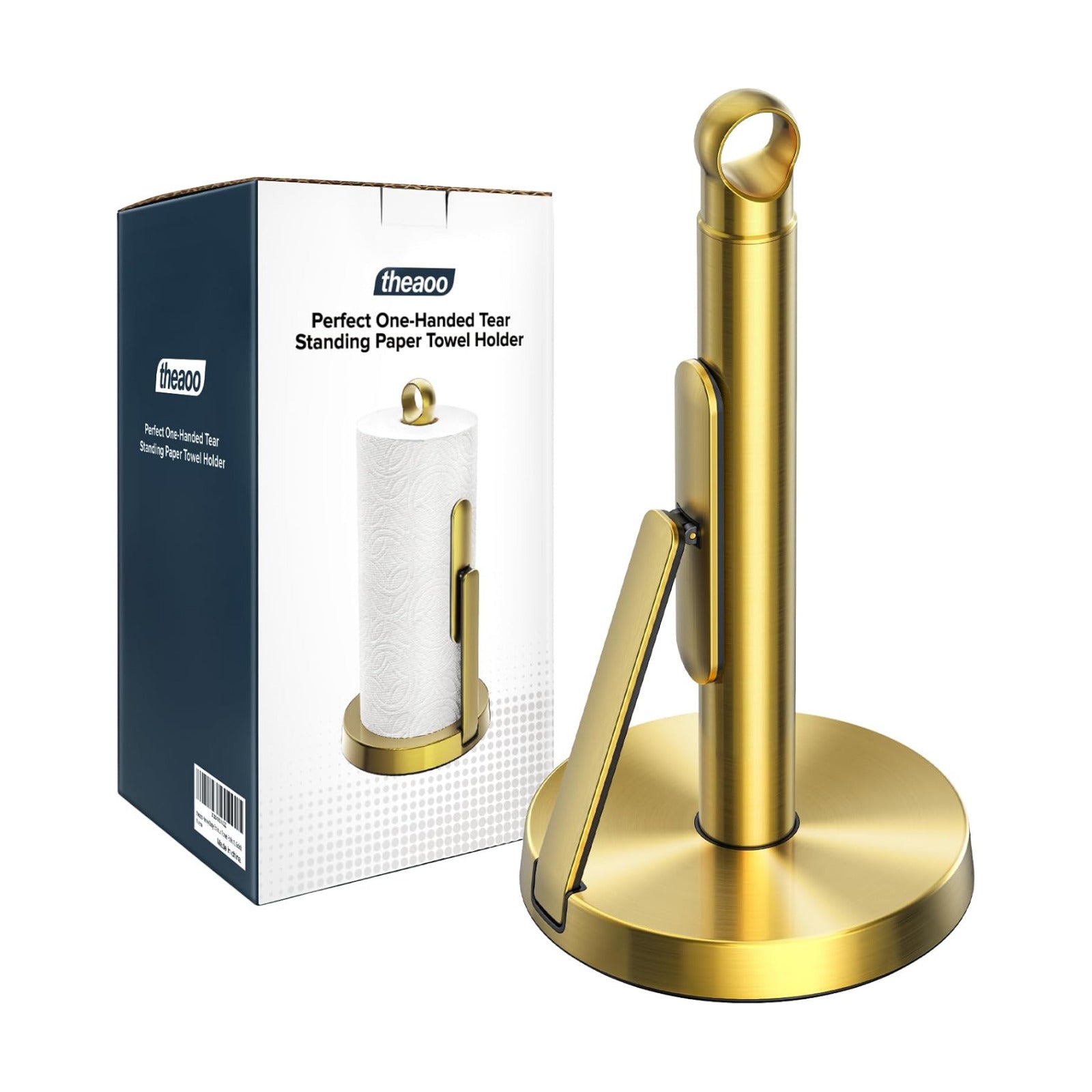 theaoo Heavy-Duty Paper Towel Holder with Tension Arm, Countertop(1, Gold) | Easy One-Handed Tear, Modern Stainless