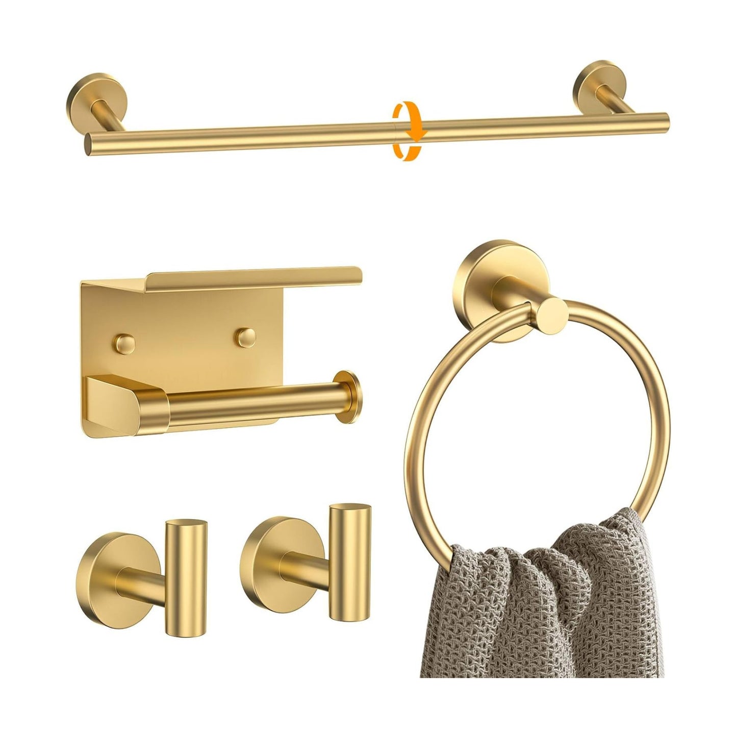 Brushed Gold Bathroom Hardware Set 5 Pieces Towel Bar Set Round Towel Holder Set for Bathroom,Upgraded Toilet Paper