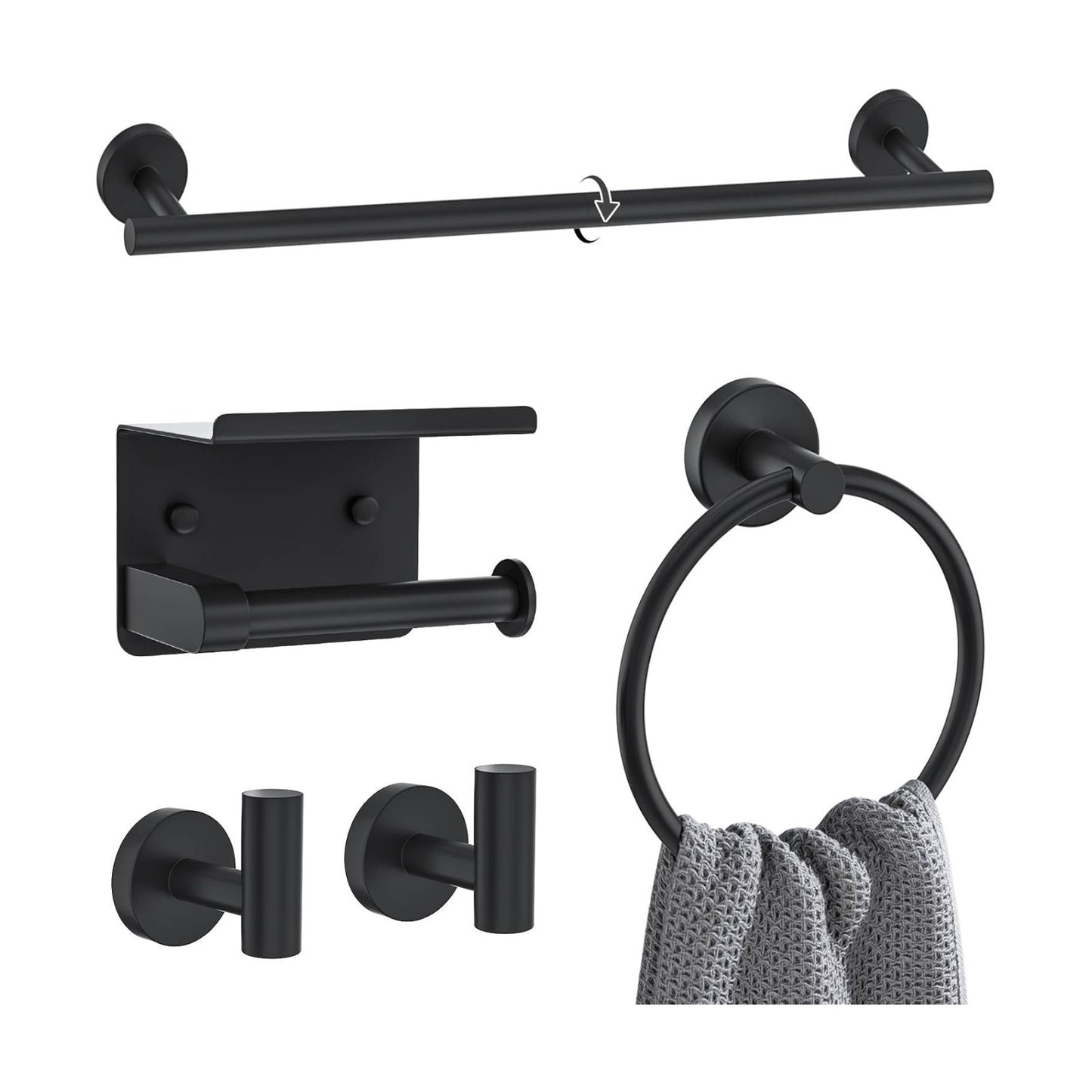 Matte Black Towel Bar Set 5 Pieces Bathroom Hardware Accessories Set Round Towel Holder Set for Bathroom Upgraded