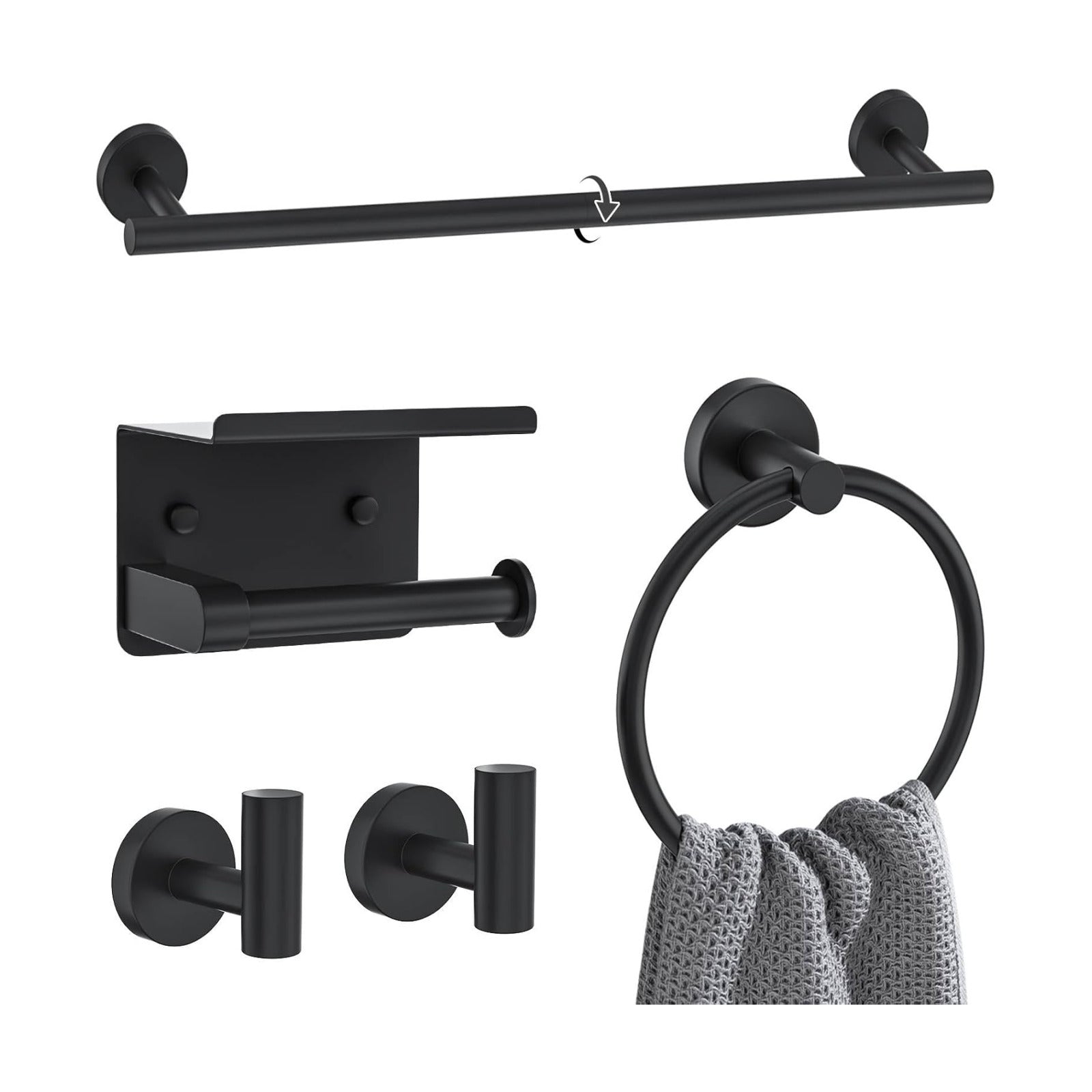 Matte Black Towel Bar Set 5 Pieces Bathroom Hardware Accessories Set Round Towel Holder Set for Bathroom Upgraded