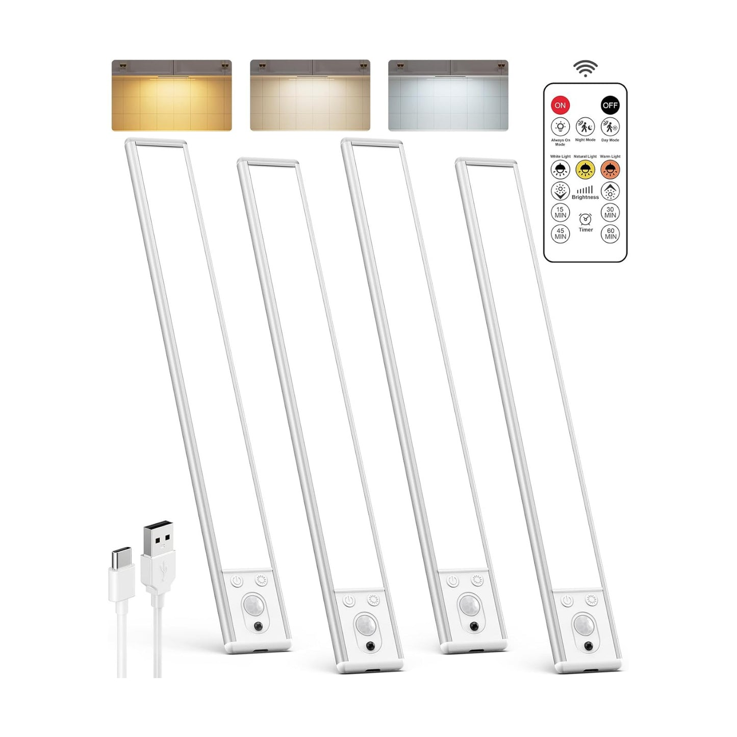 Under Cabinet Lighting Wireless, Rechargeable LED Motion Sensor Light Indoor, Closet Lights with Remote, Timer, 3 Color