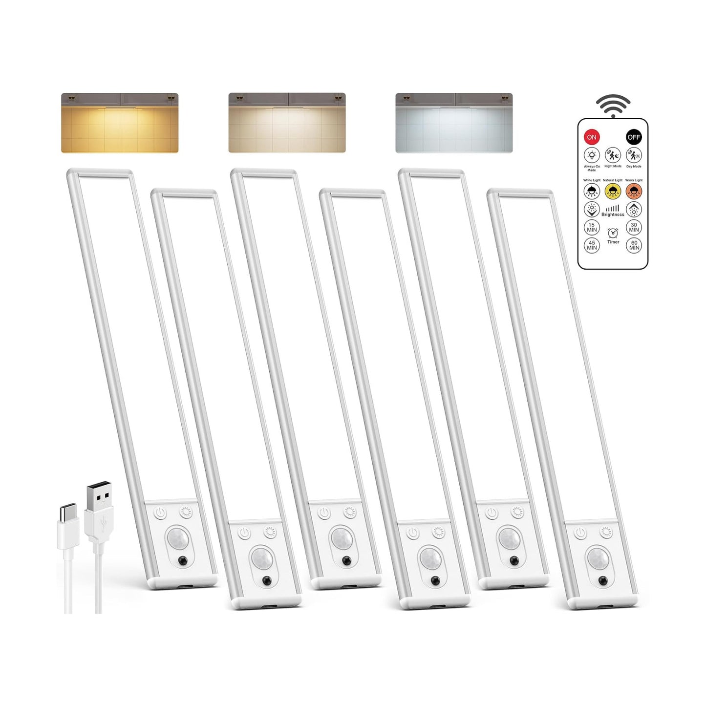 10inch Under Cabinet Lighting Wireless 6 Pack, 2200mAh Rechargeable Battery Operated Motion Sensor Light Indoor, Closet