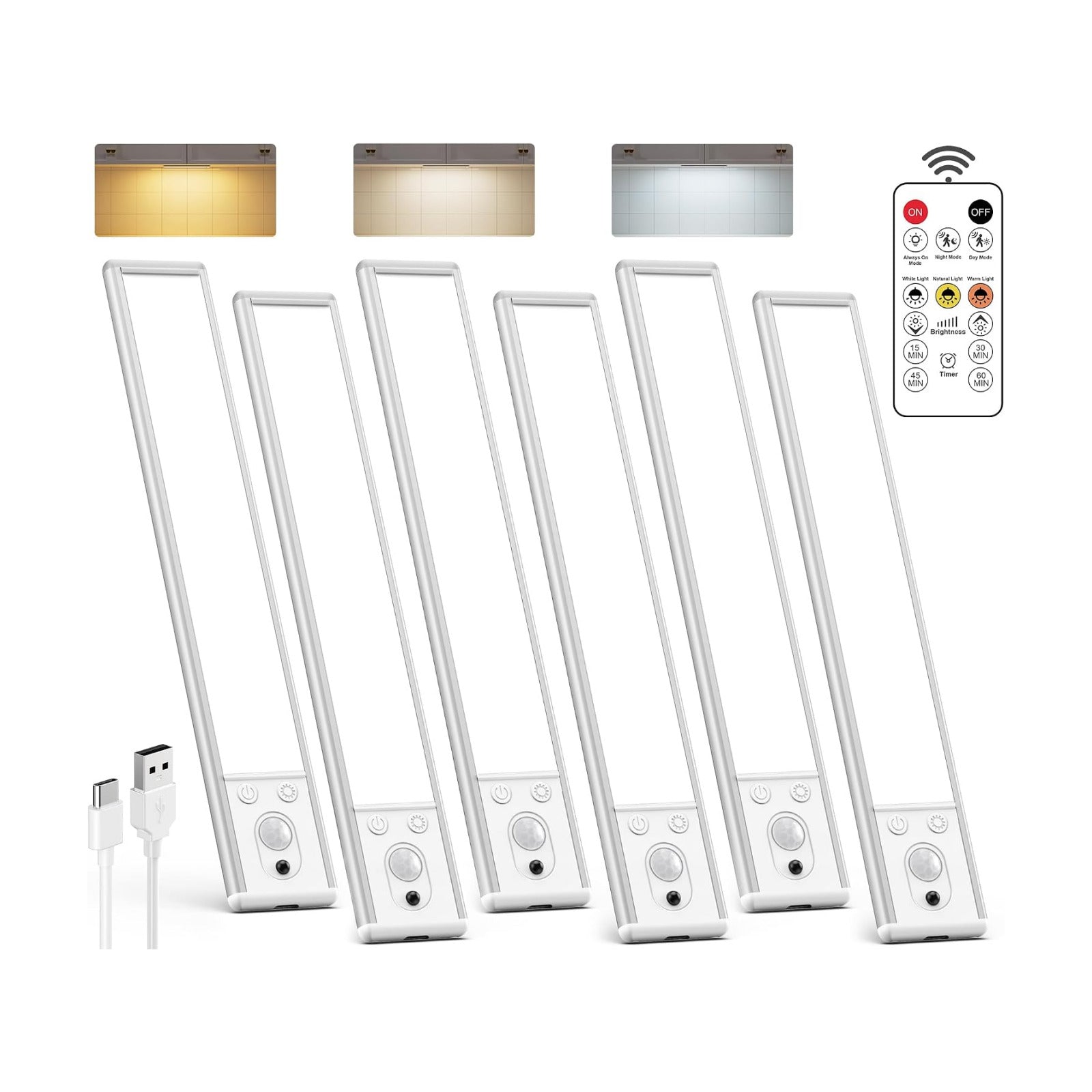10inch Under Cabinet Lighting Wireless 6 Pack, 2200mAh Rechargeable Battery Operated Motion Sensor Light Indoor, Closet