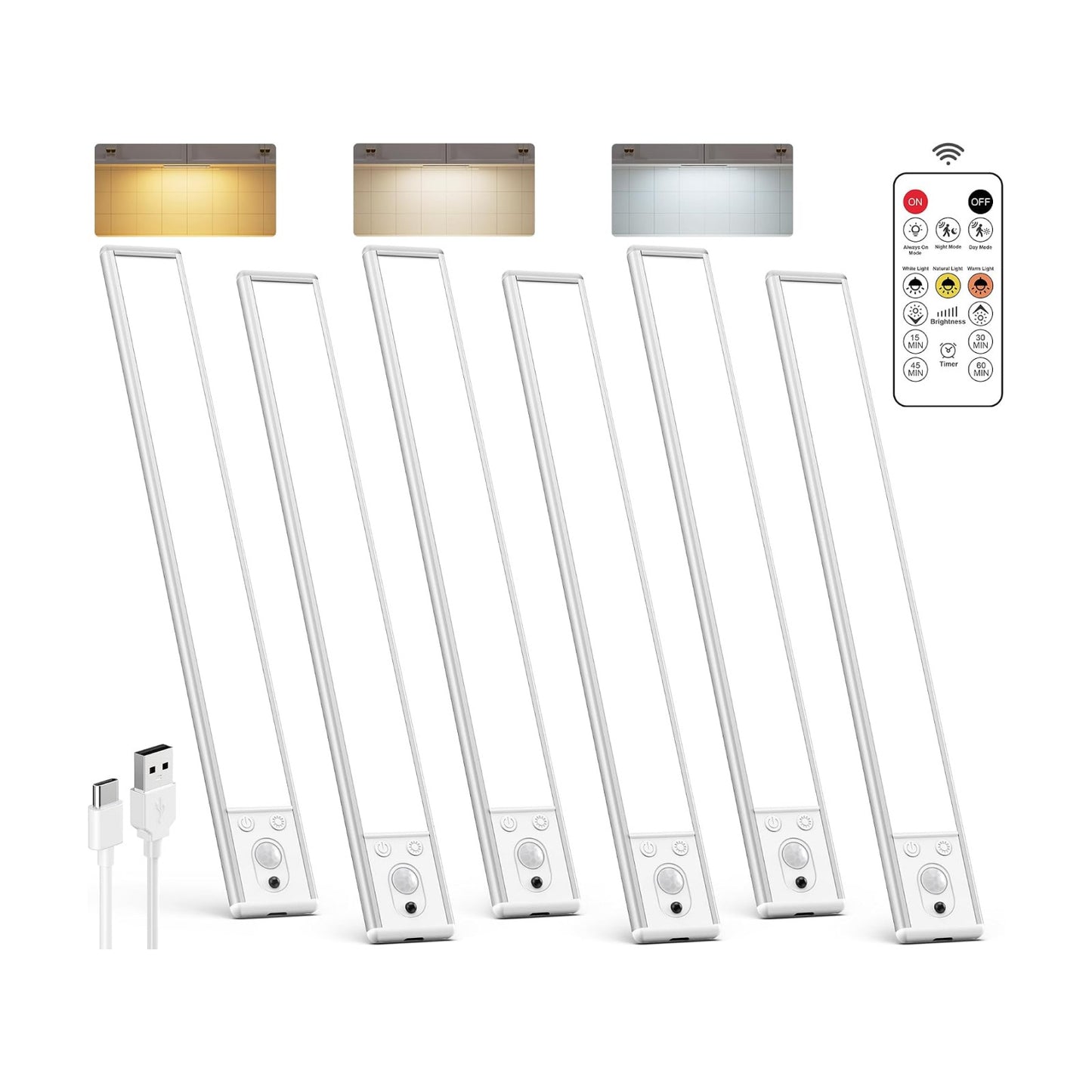 Under Cabinet Lighting Wireless, Rechargeable LED Motion Sensor Light Indoor, Closet Lights with Remote, Timer, 3 Color
