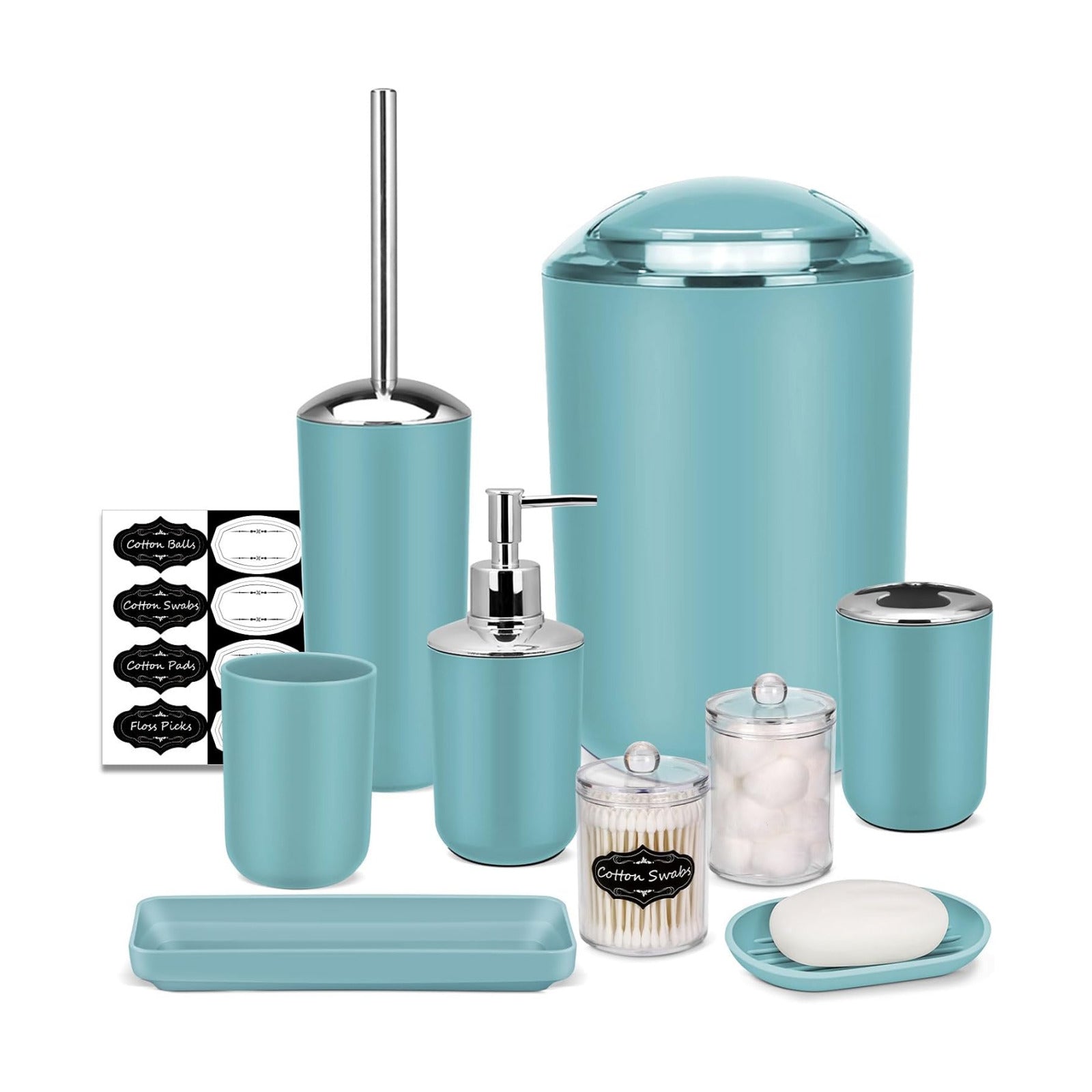IMAVO Bathroom Accessories Set,Blue Bathroom Set,9 Pieces Bathroom Accessory Set,Tray,Qtip Holders,Toilet Brush,Trash