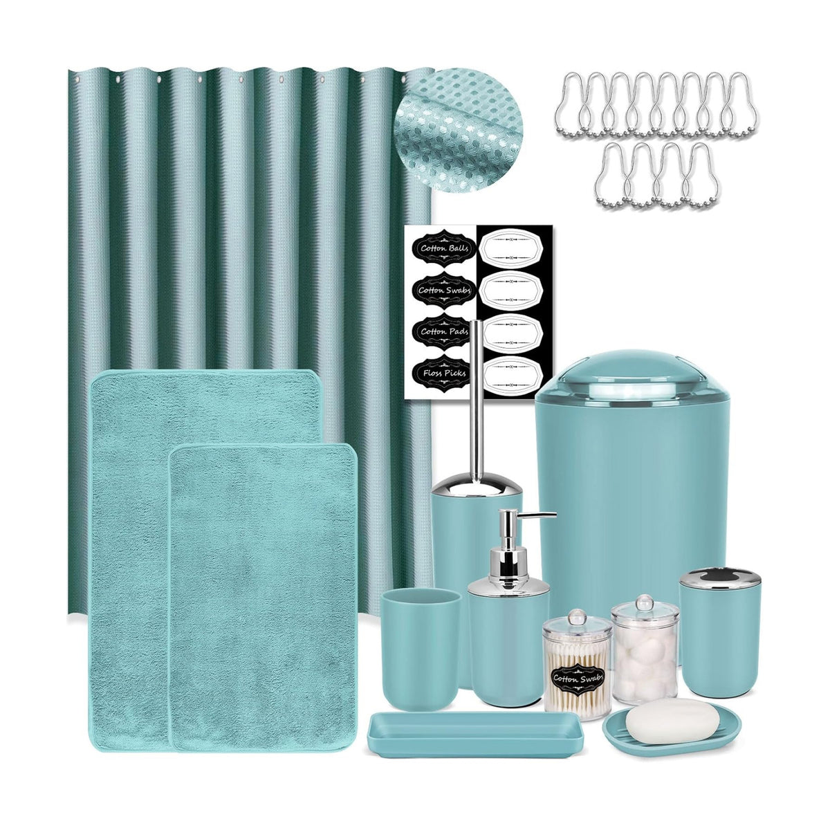 IMAVO Blue Bathroom Accessories,Non Slip Absorbent Bathroom Rugs and Waterproof Shower Curtain with Hooks,Complete