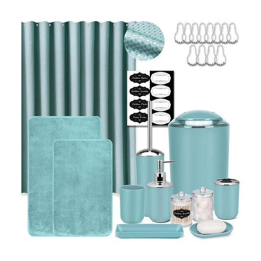 IMAVO Blue Bathroom Accessories,Non Slip Absorbent Bathroom Rugs and Waterproof Shower Curtain with Hooks,Complete