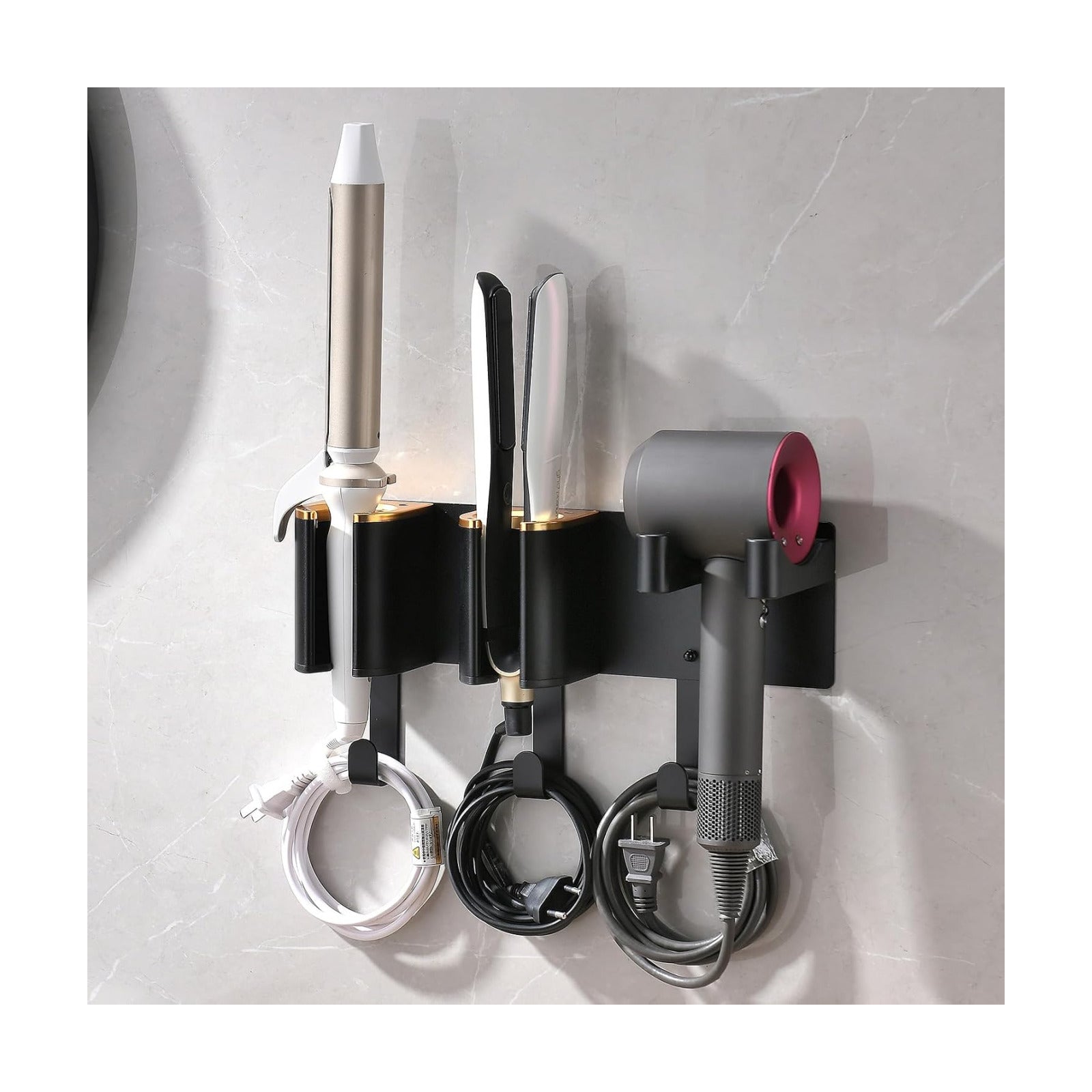 Wall Mount Hair Tool Organizer, Black with Gold Accents | Aluminum Alloy & ABS, 3-Compartment Holder for Hair Dryer
