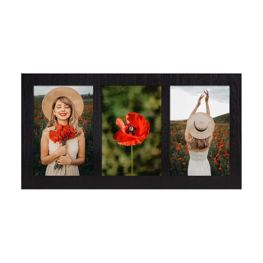 Wood Frame / 3 Picture Frame / Rustic Black / 4 x 6 / 3 Opening