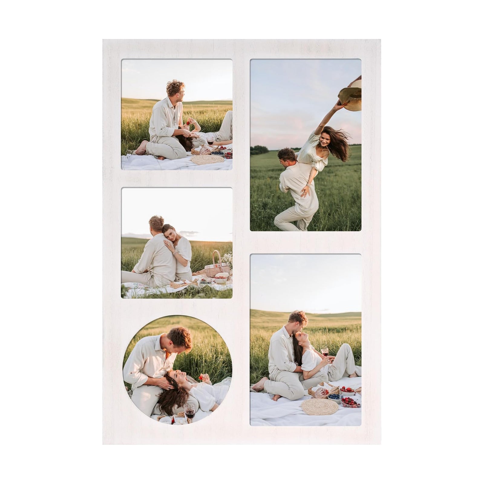 YESKAY 4x6 and 4x4 Collage Picture Frame, Display 5 Openings Photo Frames, Rustic White Wood Frame with Real Glass