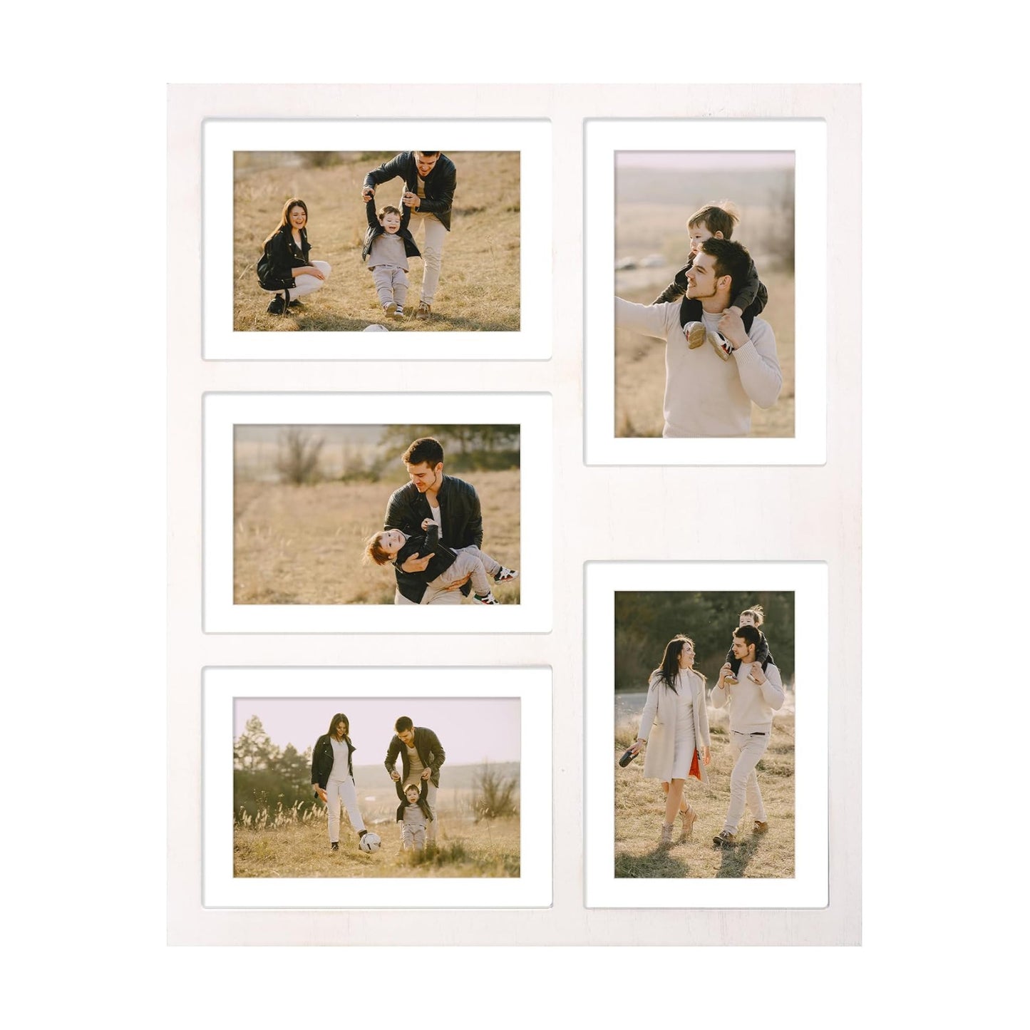 YESKAY 4x6 or 5x7 Picture Frames, White Rustic Wooden Frame with Real Glass, Displays Pictures Five 4x6 with Mat or