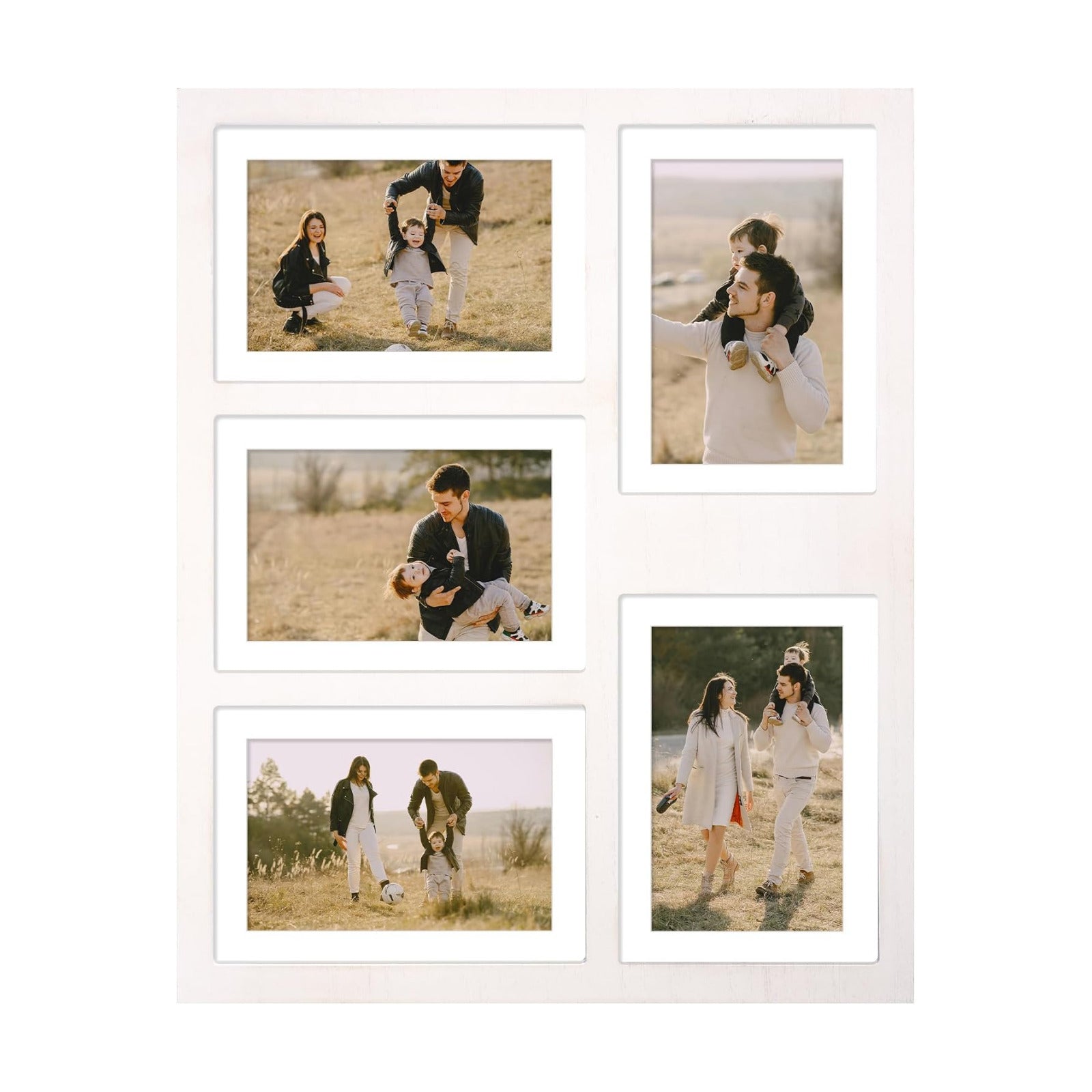YESKAY 4x6 or 5x7 Picture Frames, White Rustic Wooden Frame with Real Glass, Displays Pictures Five 4x6 with Mat or