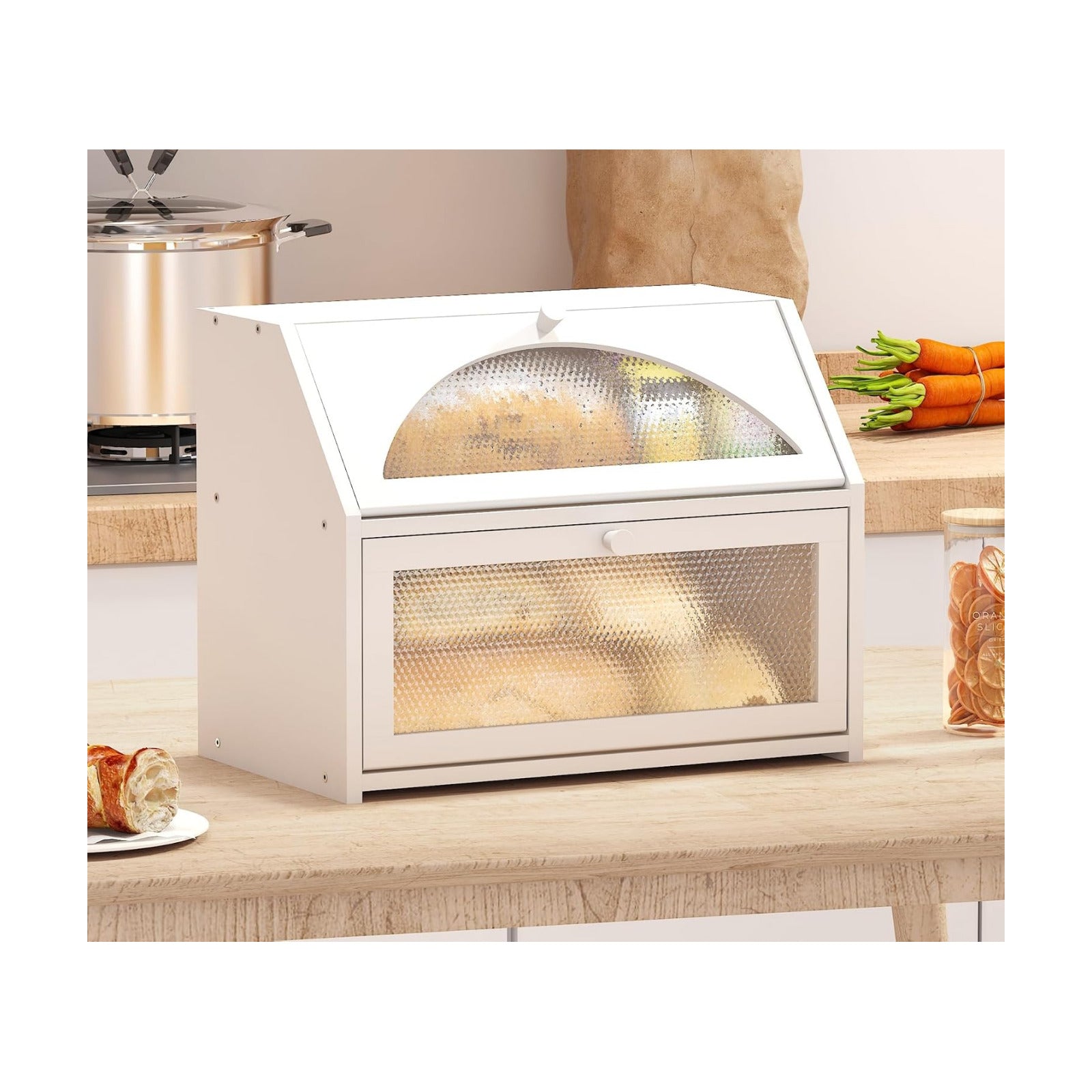 White Bread Box, Bamboo Wood Bread Box for Kitchen Counter, Double-layer Bread Storage Bin, Acrylic glass with Diamond