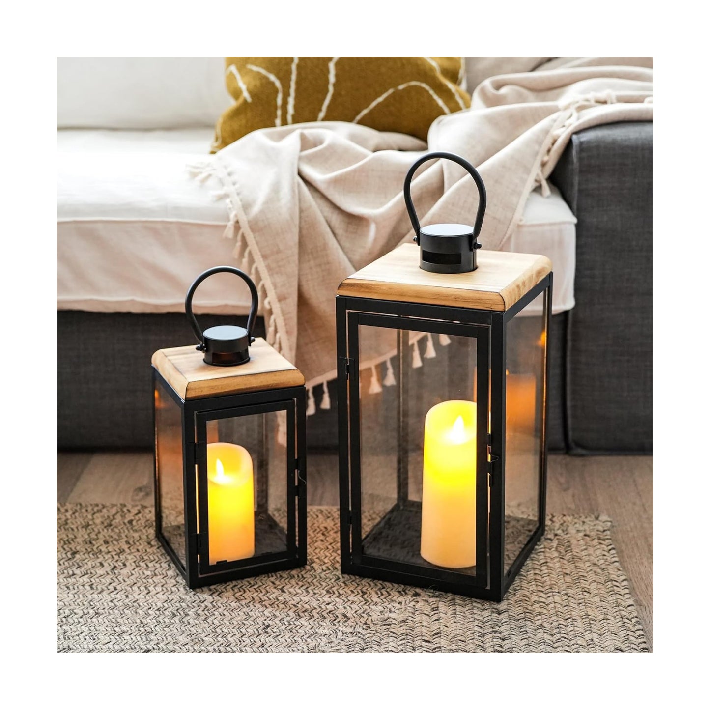 TRIROCKS Set of 2 Decorative Candle Lantern 16'' & 11'' High Metal Candle Holder Hanging Lantern Perfect for Home Decor