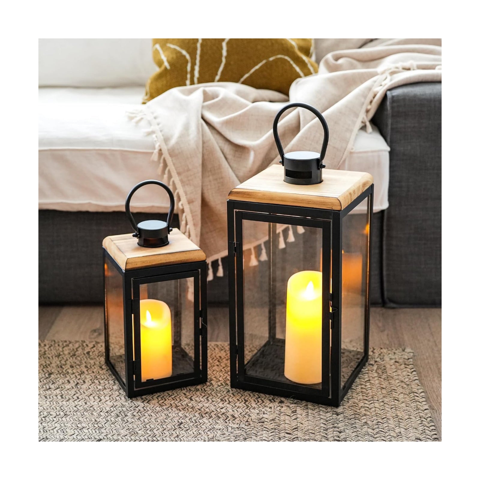TRIROCKS Set of 2 Decorative Candle Lantern 16'' & 11'' High Metal Candle Holder Hanging Lantern Perfect for Home Decor
