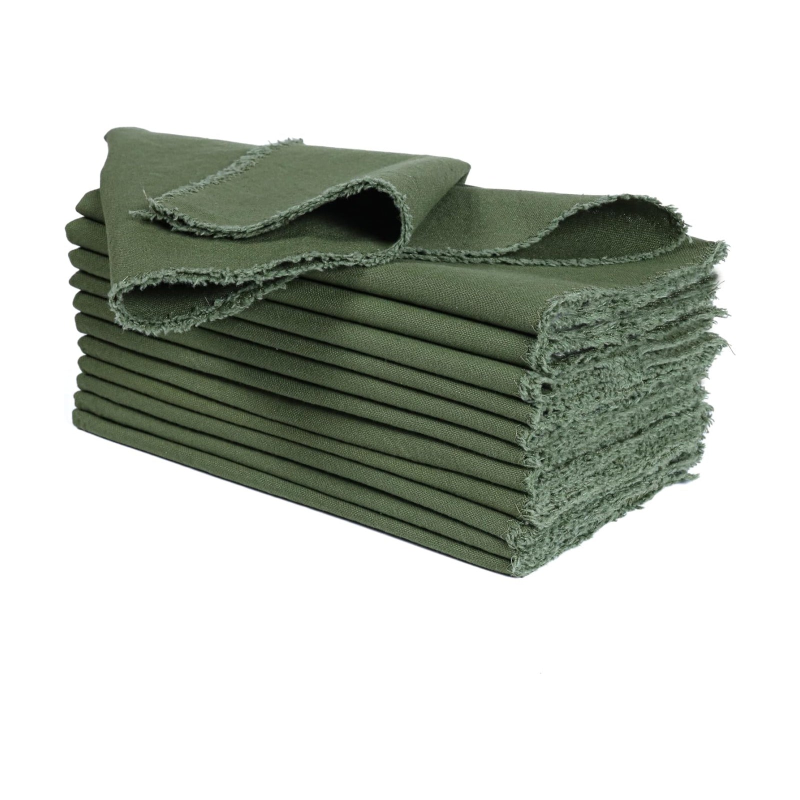 Ramanta Home Cloth Napkins Set of 12 Olive Green 18x18 Inch | Frayed Edge Dinner Napkin for Wedding, Birthday Party