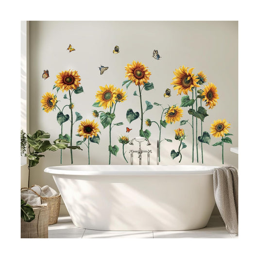 Watercolor Sunflower Wall Sticker Peel and Stick Flower Butterfly Wall Decal Vintage Floral / Yellow