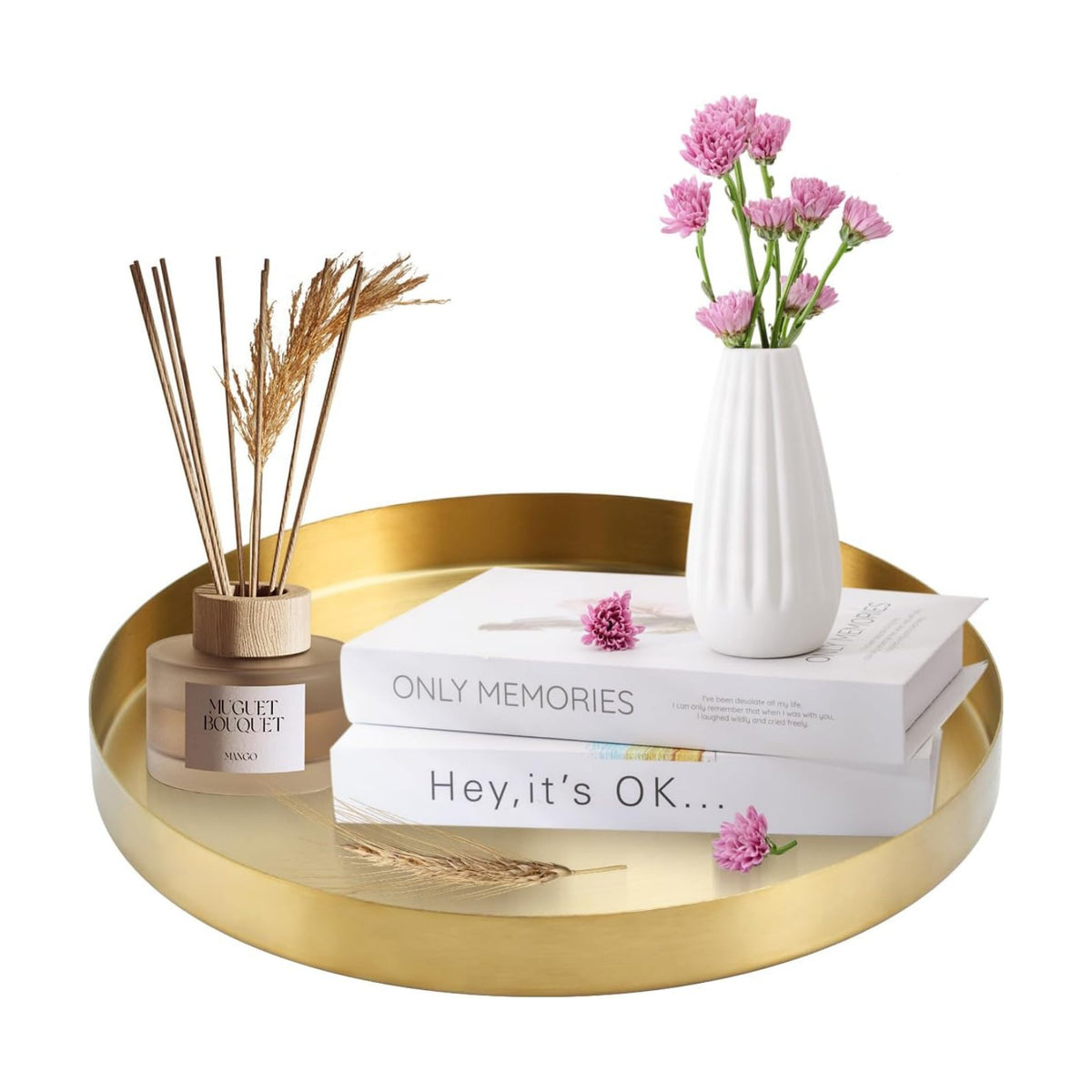 12 Inch Golden Round Platter Tray, Trays for Domestic Purposes, Stainless Steel Serving, Circle Decorative Tray, Vanity Tray for Centerpiece Home Decor