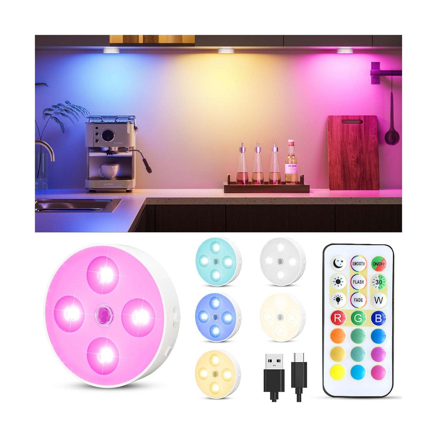 HOMEBEST RGB Puck Lights with Remote & Motion Sensor – 1500mAh Rechargeable Under Cabinet Lighting for Kitchen, Closet