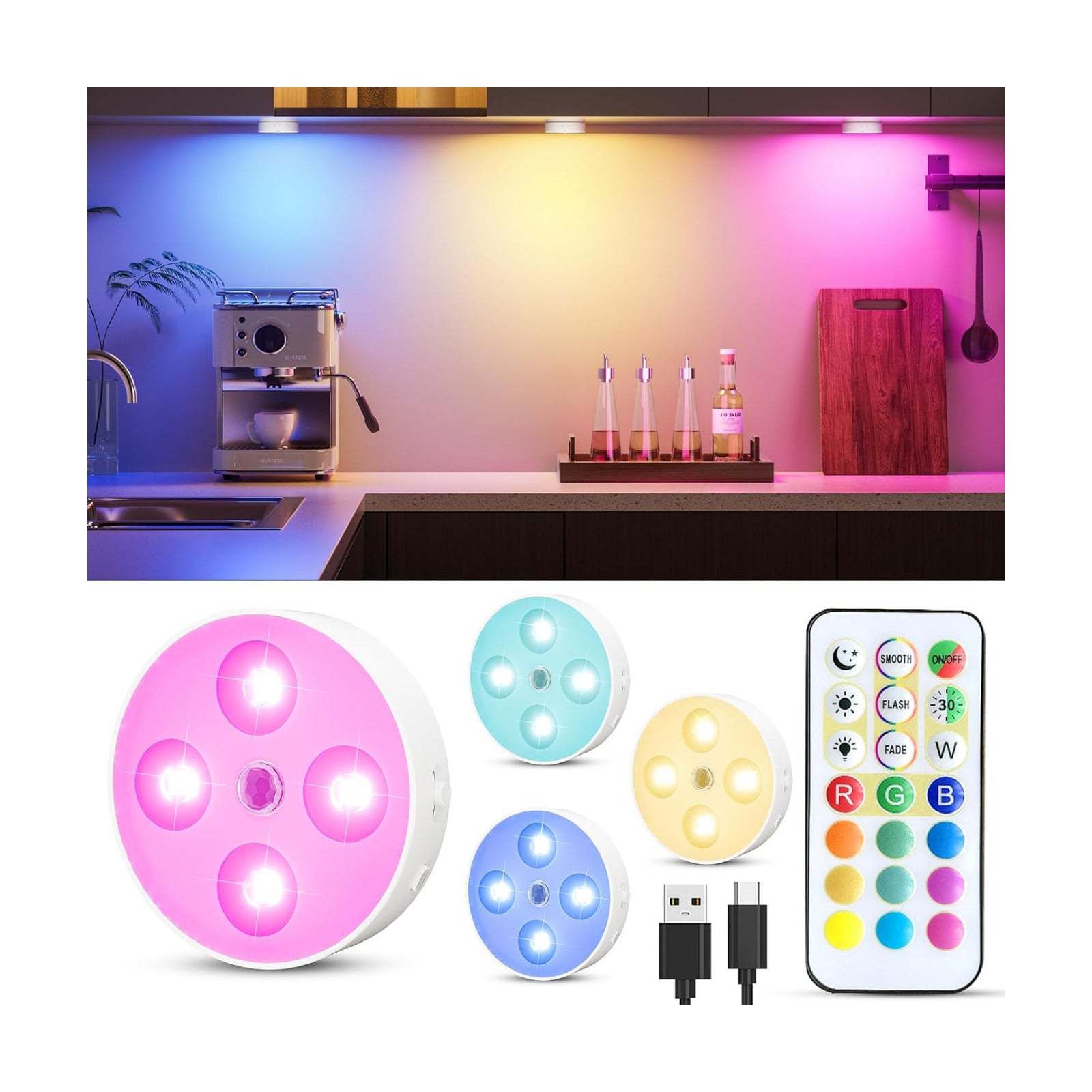 HOMEBEST RGB Puck Lights with Remote & Motion Sensor – 1500mAh Rechargeable Under Cabinet Lighting for Kitchen, Closet