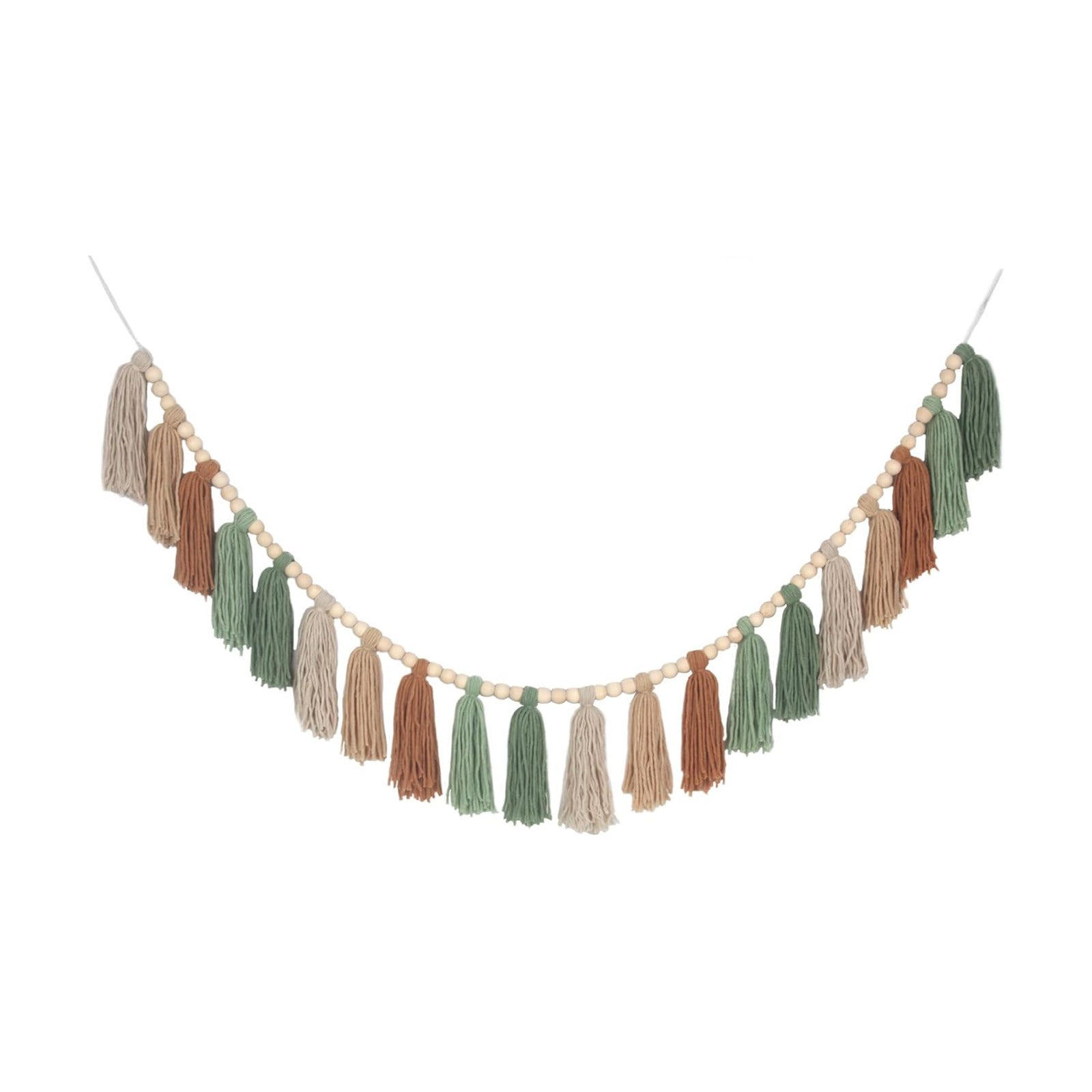 Sage Green Brown Boho Yarn Wood Bead Tassel Garland Wall Hanging Decor Neutral Earth / Green&brown