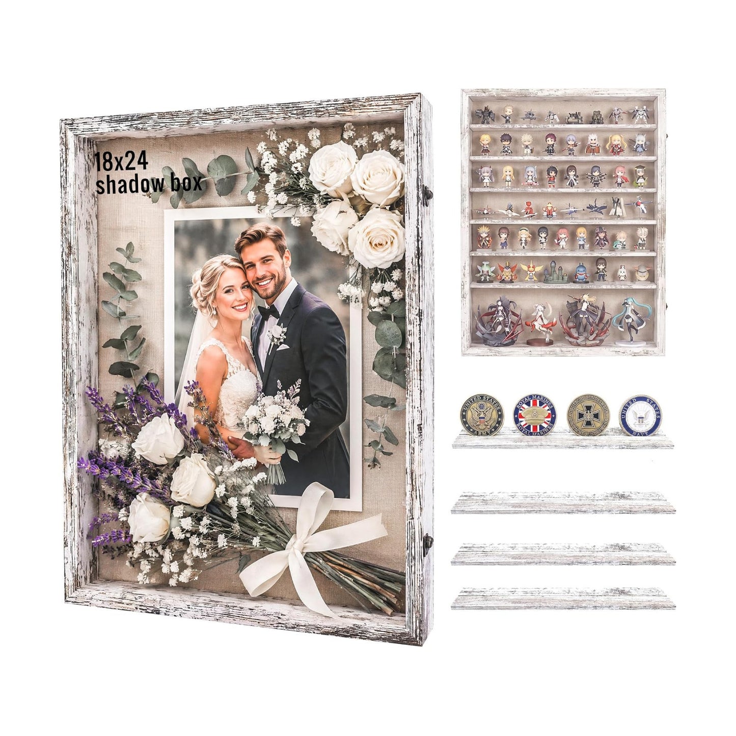 18x24 Wooden Shadow Box Frame with Removable Shelves Deep Display Case for Military Medals Keepsakes White
