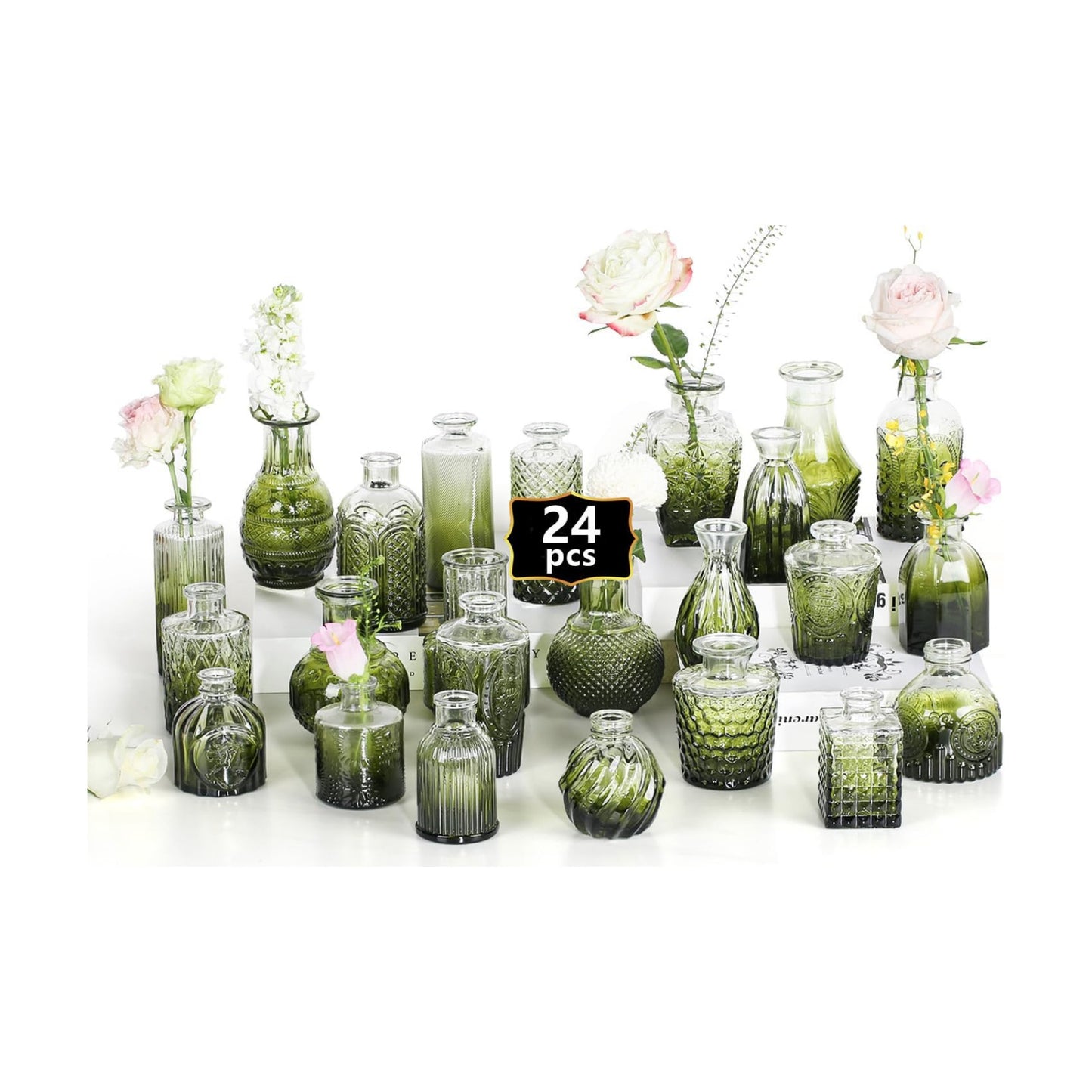 Clear Bud Vases for Flowers / Gradient Green / Set of 24