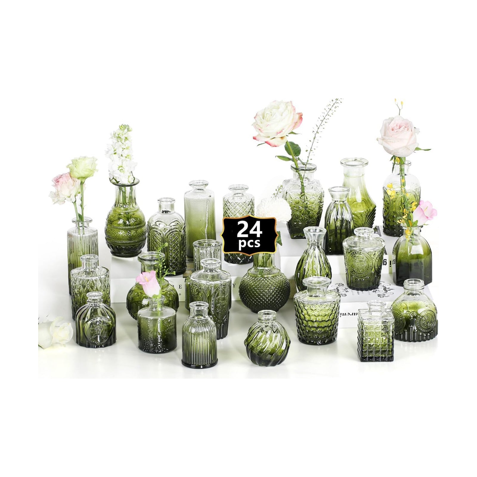 Clear Bud Vases for Flowers / Gradient Green / Set of 24