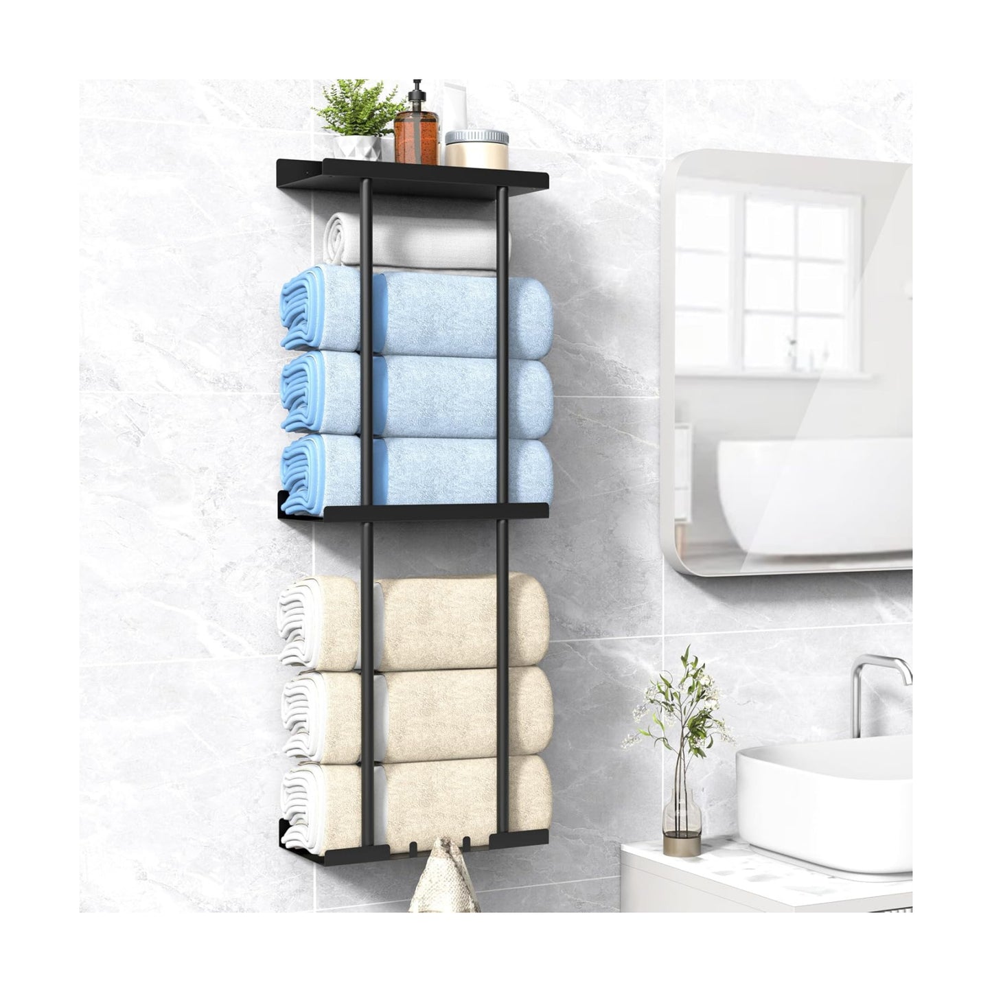 Towel Rack for Bathroom, Wall Mounted Vertical Rolled Towel Storage Organizer Holder with Shelf, Holds Up 6 Large Bath