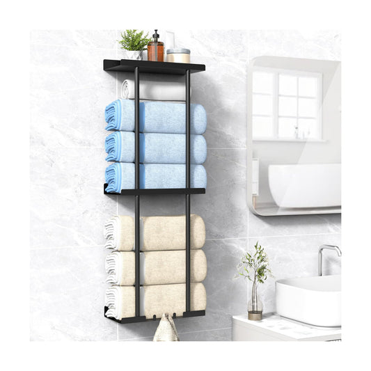 Towel Rack for Bathroom, Wall Mounted Vertical Rolled Towel Storage Organizer Holder with Shelf, Holds Up 6 Large Bath
