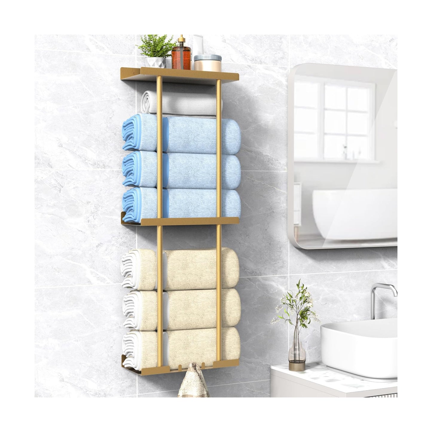 Liuoud Towel Rack for Bathroom, Wall Mounted Vertical Rolled Towel Storage Organizer Holder with Shelf, Holds Up 6
