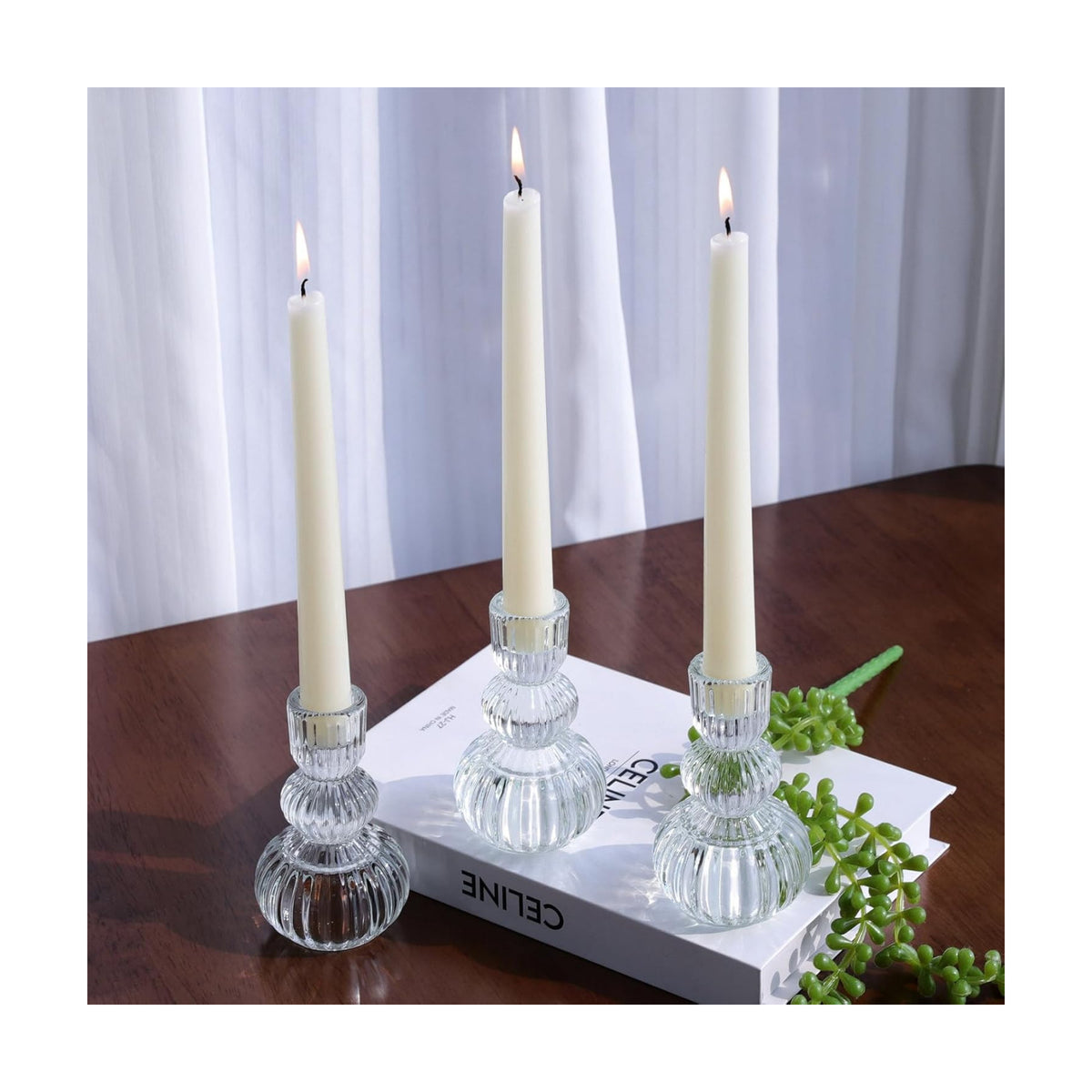 Woho 3pcs Clear Taper Candle Holders 4.3" H, Ribbed Candlestick Holders