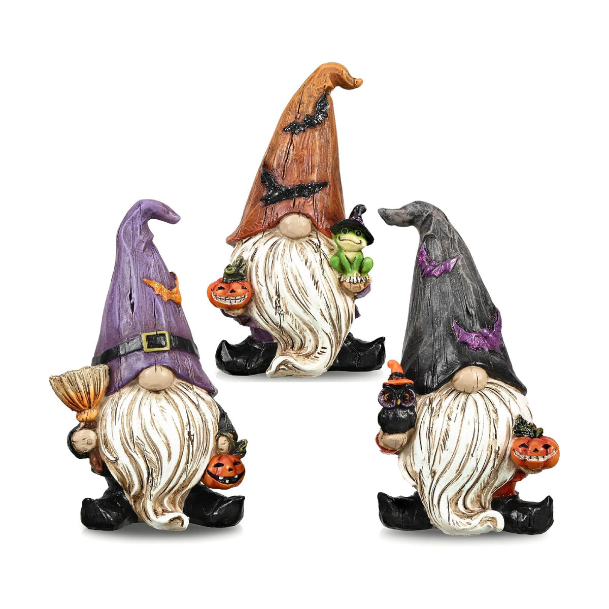 Valery Madelyn Gnomes Halloween Decorations Indoor, 3 Pcs Resin Gnome Decor for Home with Bat Witch Hat, Halloween Figurines Elf Dwarf with Broom Jack O Lantern for Table Tiered Tray Outdoor, 3.6"