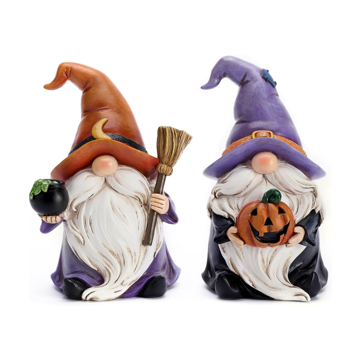 Valery Madelyn Gnomes Halloween Decorations Indoor, 2 Pcs Resin Gnome Decor for Home with Witch Hat Broom Jack O Lantern Moon, Halloween Figurines Elf Dwarf for Table Tiered Tray Outdoor, 3.6"