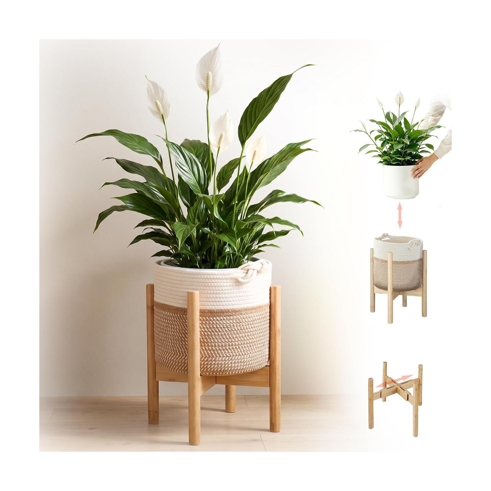 Flower Pot Rattan Plant Stand Planter with Stand, Tall Indoor Boho Woven Wicker Storage Basket with Adjustable Wood