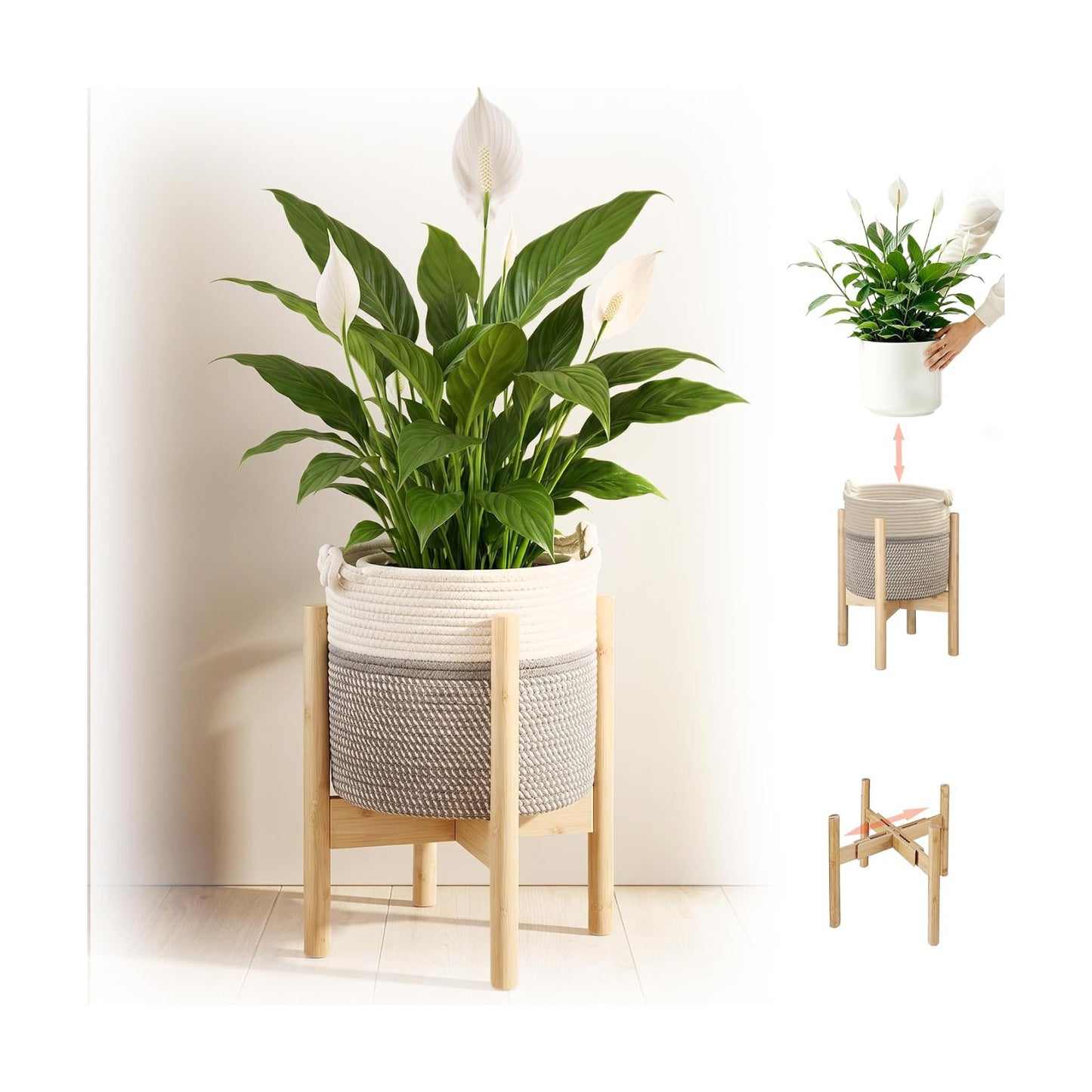 Flower Pot Rattan Plant Stand Planter with Stand, Tall Indoor Boho Woven Wicker Storage Basket with Adjustable Wood
