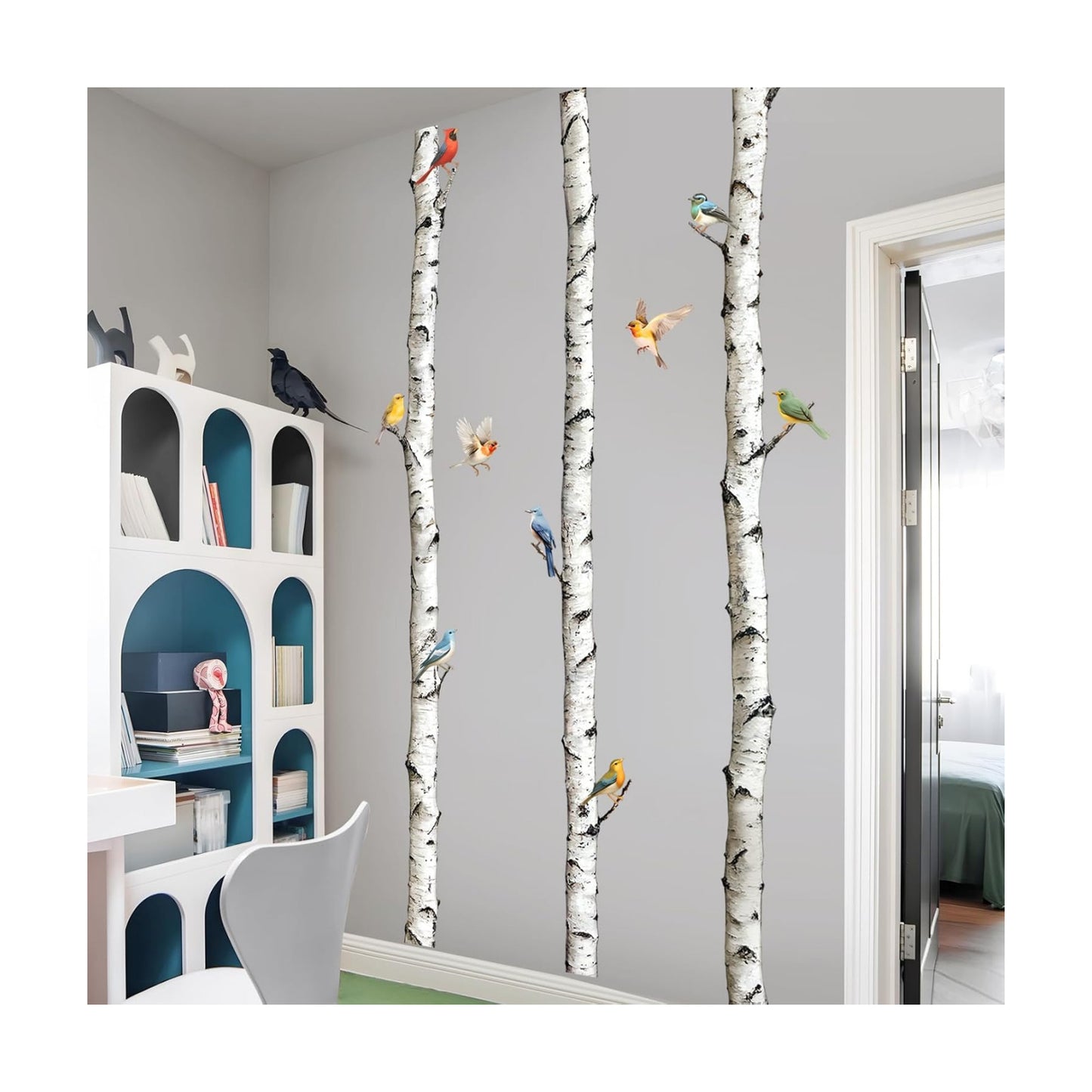95" Tall Birch Tree Wall Decals 3 Aspen Trees Flying Birds Wall Stickers Peel and Stick / White