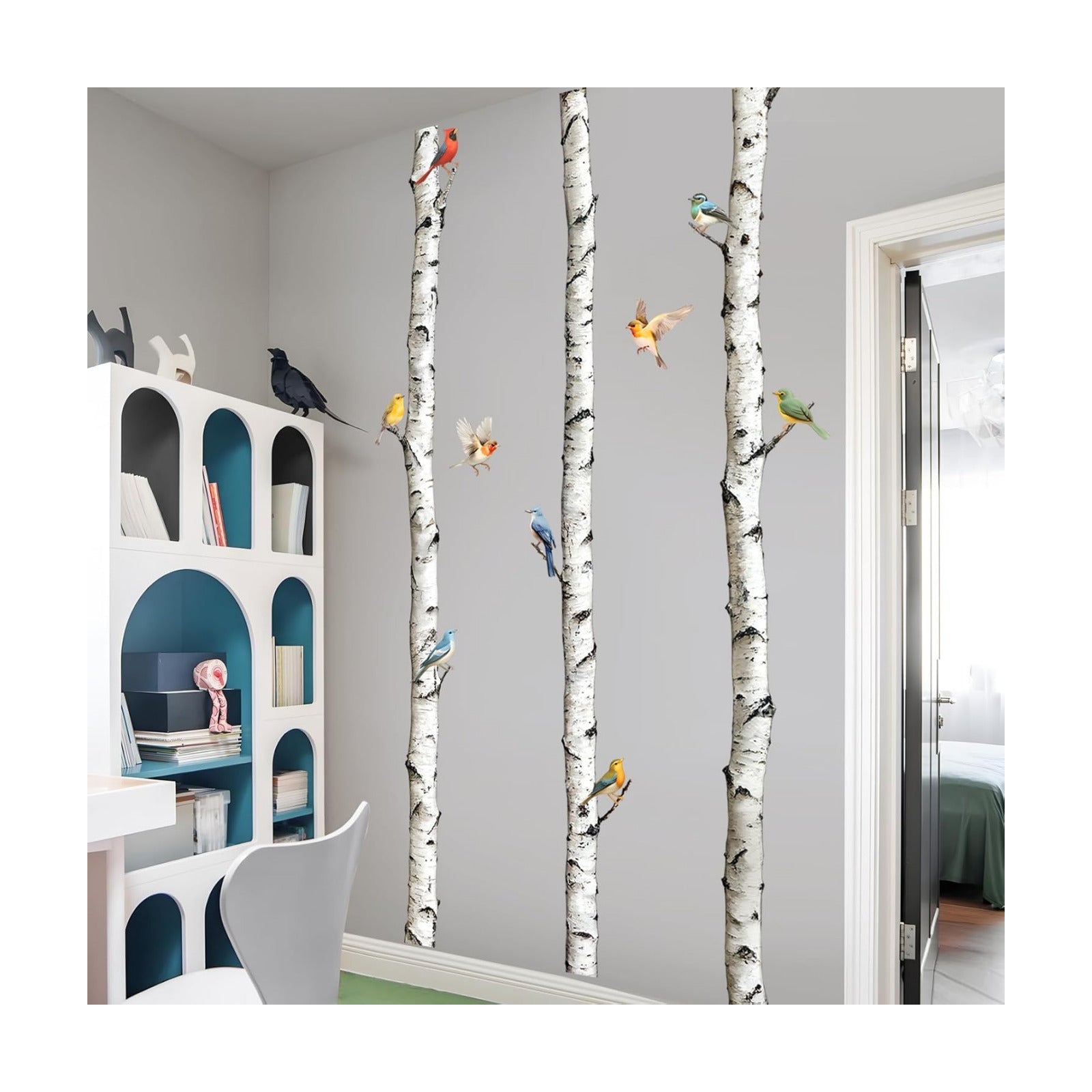95" Tall Birch Tree Wall Decals 3 Aspen Trees Flying Birds Wall Stickers Peel and Stick / White