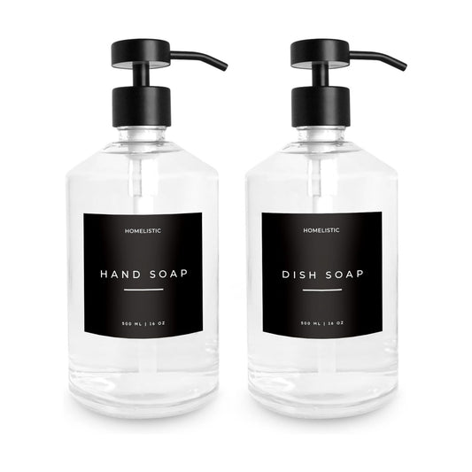 Luxury Glass Soap Dispenser Set of 2 - Elegant Clear Glass Bottles with Matte Black Stainless Steel Pumps, Kitchen Soap