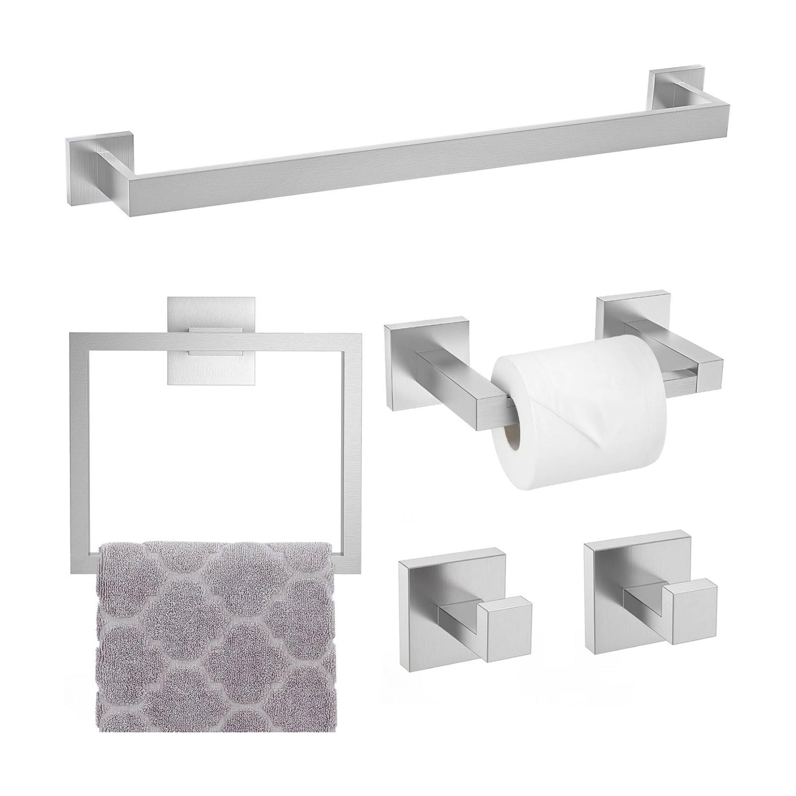 Brushed Nickel Towel Bar Set,5-Piece Bathroom Hardware Set Includes Upgraded Double Base Paper Towel Holder Modern