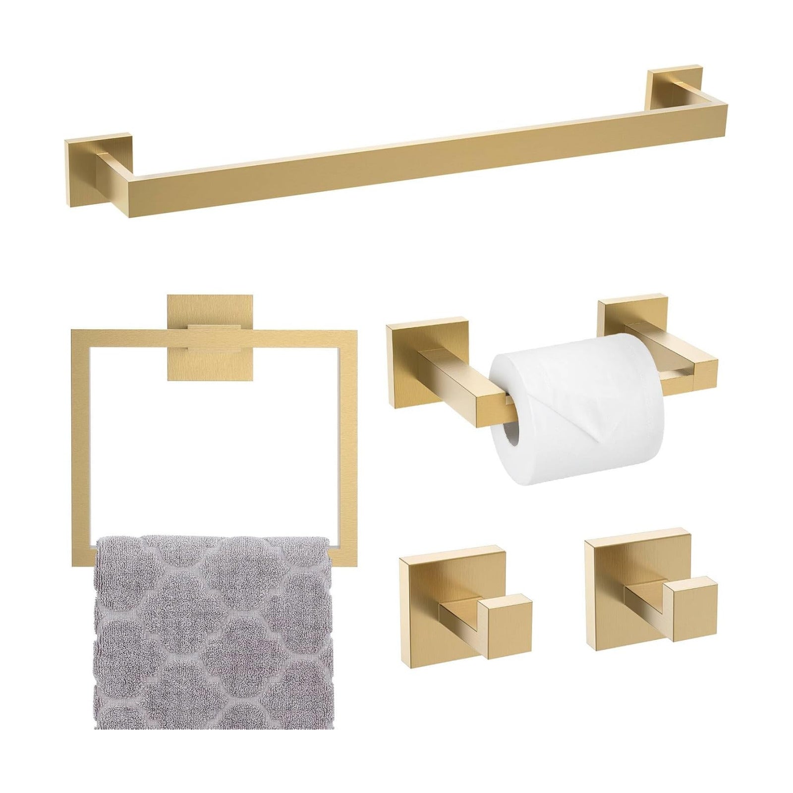 5-Piece Towel Bar Set Brushed Gold Bathroom Hardware Accessories Set Includes Upgraded Double Base Toilet Paper