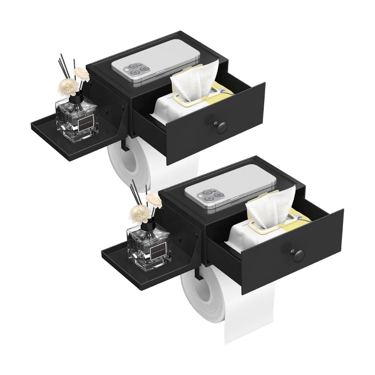 Lifewit Toilet Paper Holder Wall Mount with Shelf & Drawer, Black, 2 Pack | Screw or adhesive installation, sturdy