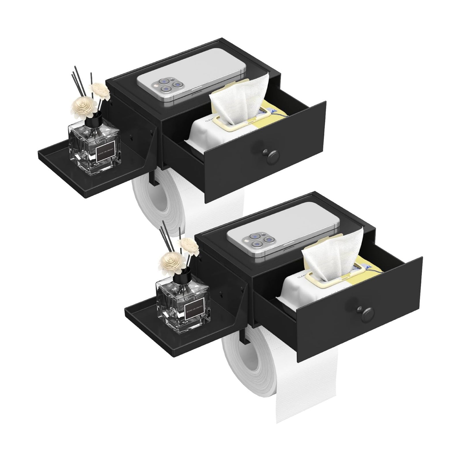 Lifewit Toilet Paper Holder Wall Mount with Shelf & Drawer, Black, 2 Pack | Screw or adhesive installation, sturdy