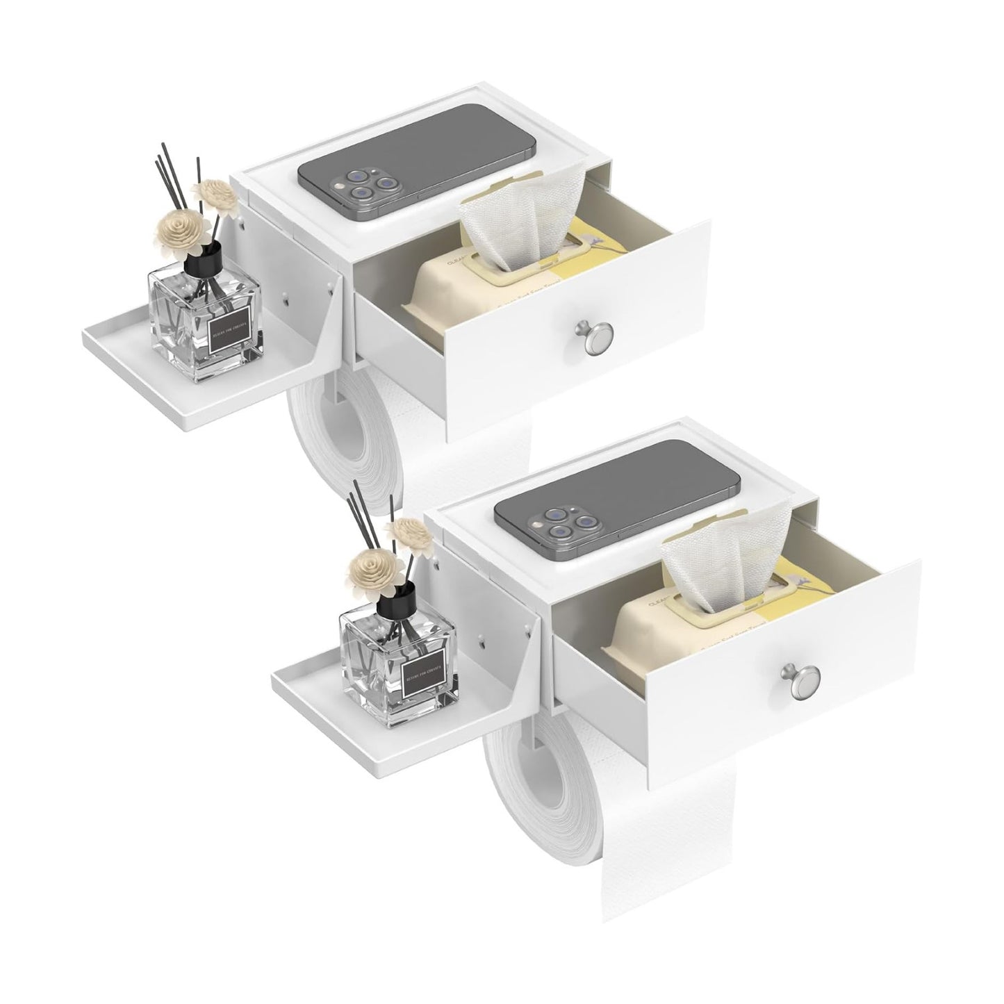 Lifewit Toilet Paper Holder Wall Mount with Shelf & Drawer, White, 2 Pack | Screw or adhesive installation, sturdy