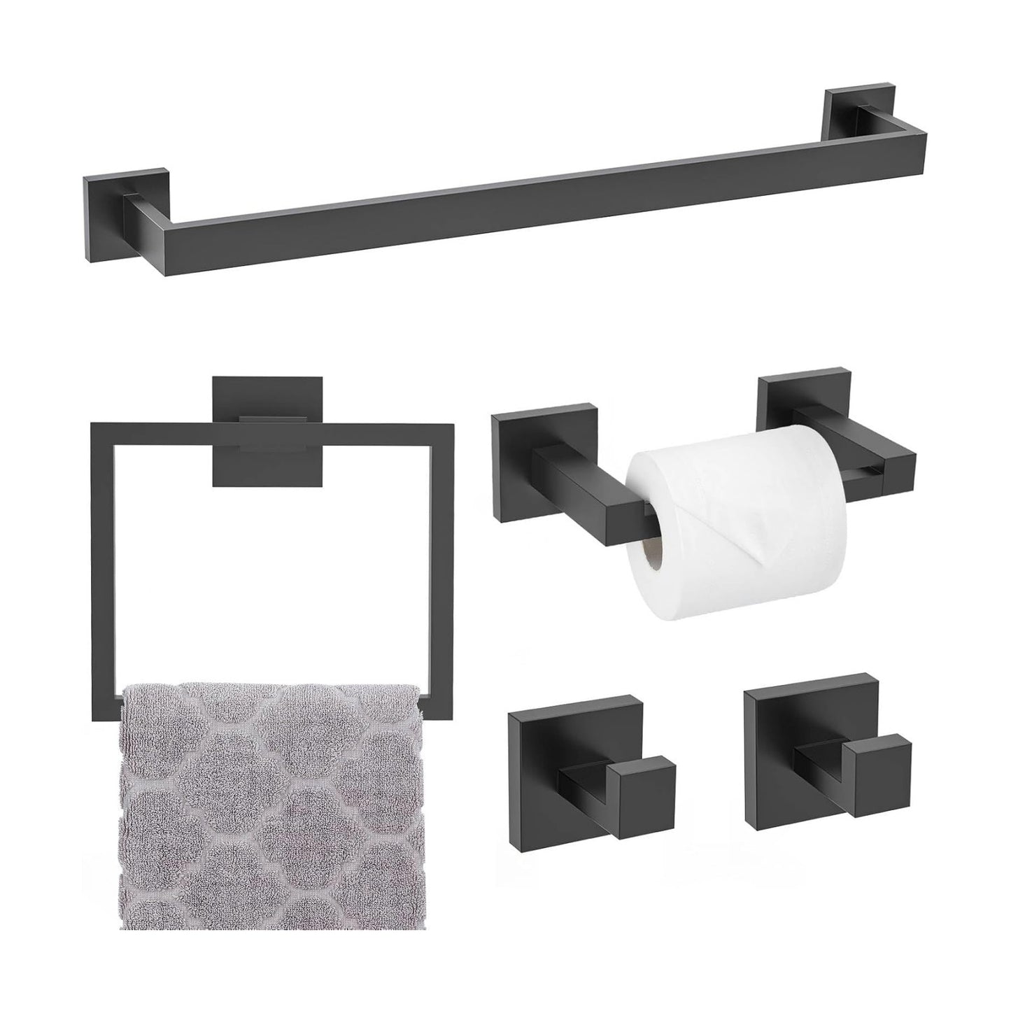 Matte Black Towel Bar Set 5-Piece Bathroom Hardware Accessories Set,23.6 Inch Modern Towel Holder Set SUS304 Stainless
