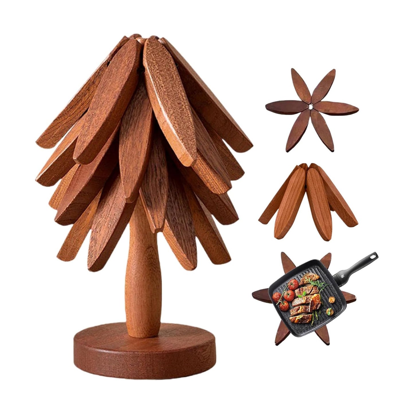4 Wooden Trivets+1 Stand / Natural