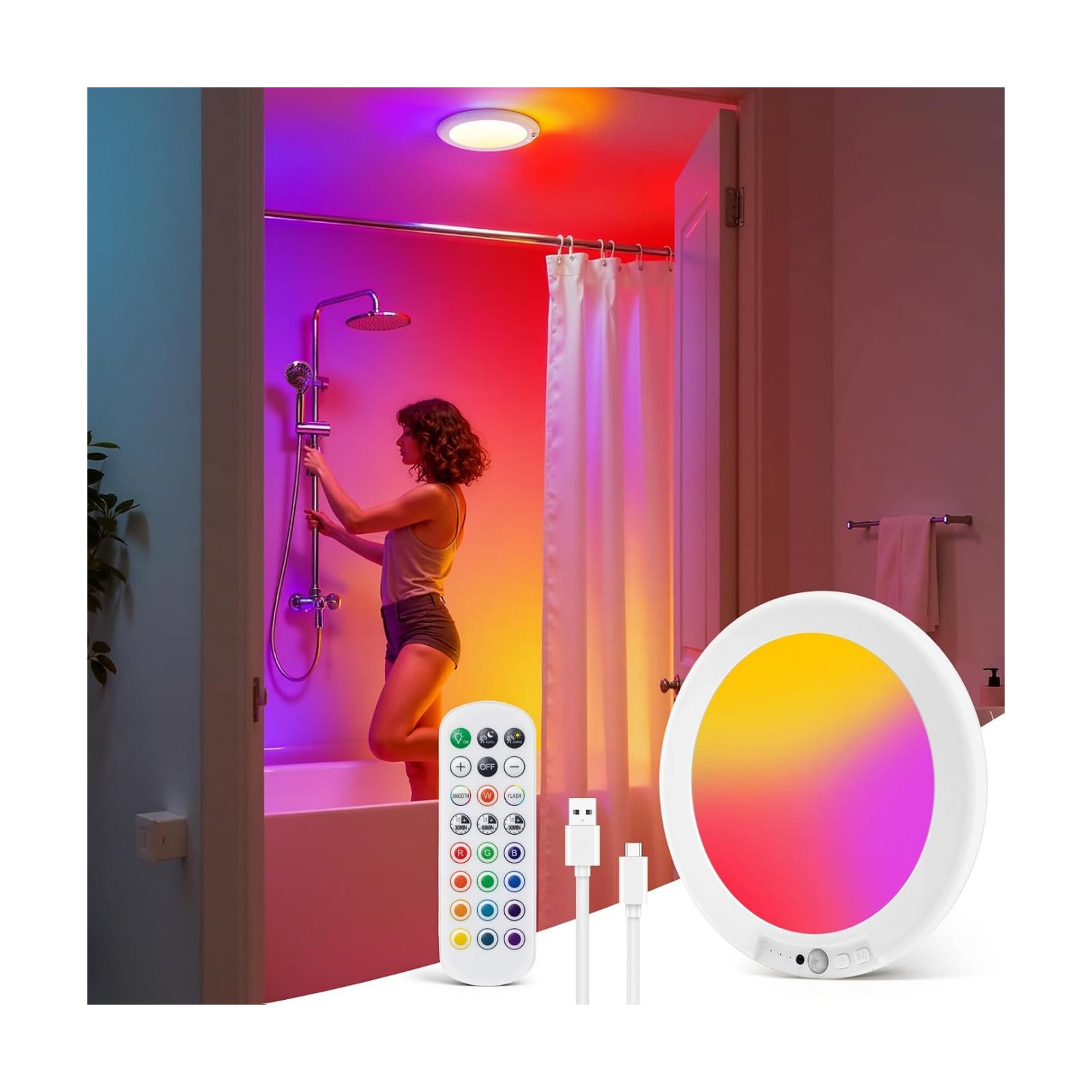 wowatt RGB Rechargeable Shower Lights for Inside Shower Waterproof IP44 | 12 RGB Colors&White Battery Ceiling Lights
