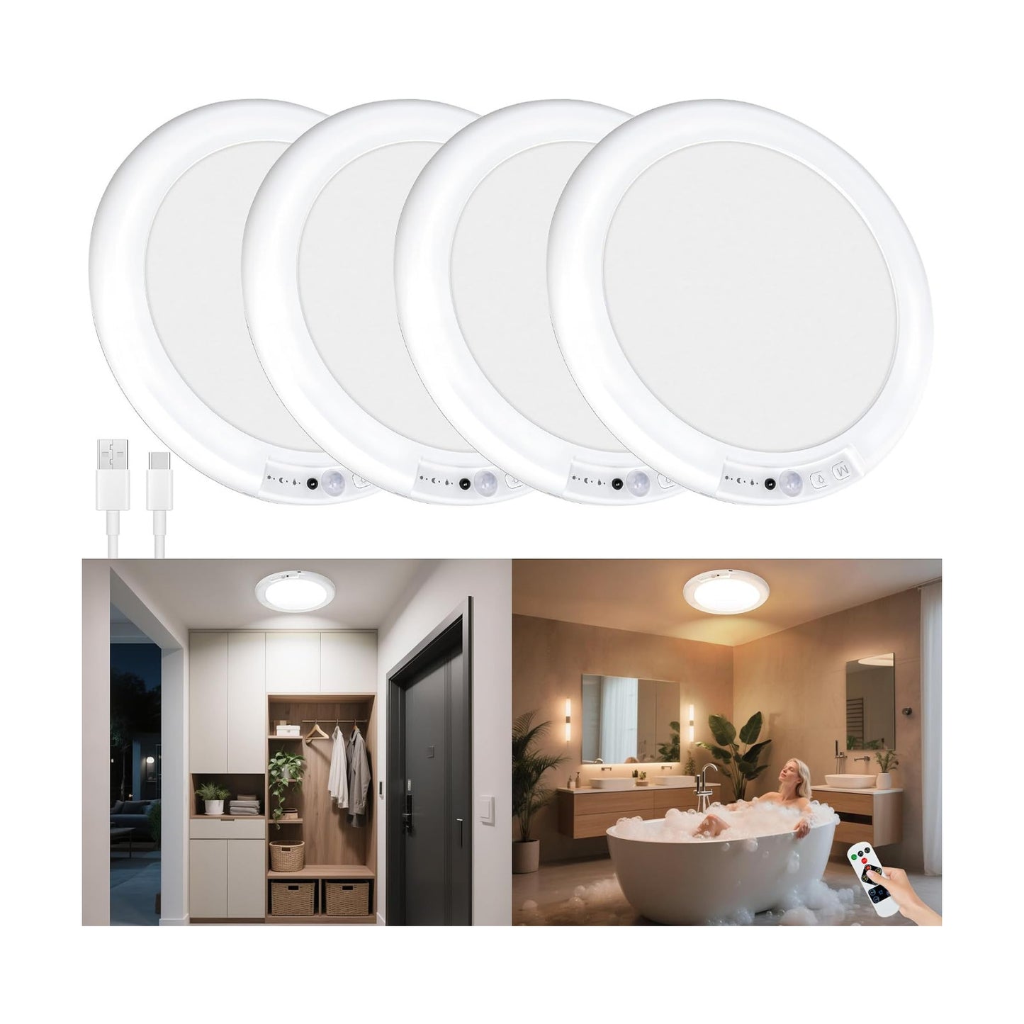 maylit 4 Pack Rechargeable Ceiling Lights with Motion Sensor | Wireless Battery-operated Lighting for Closets