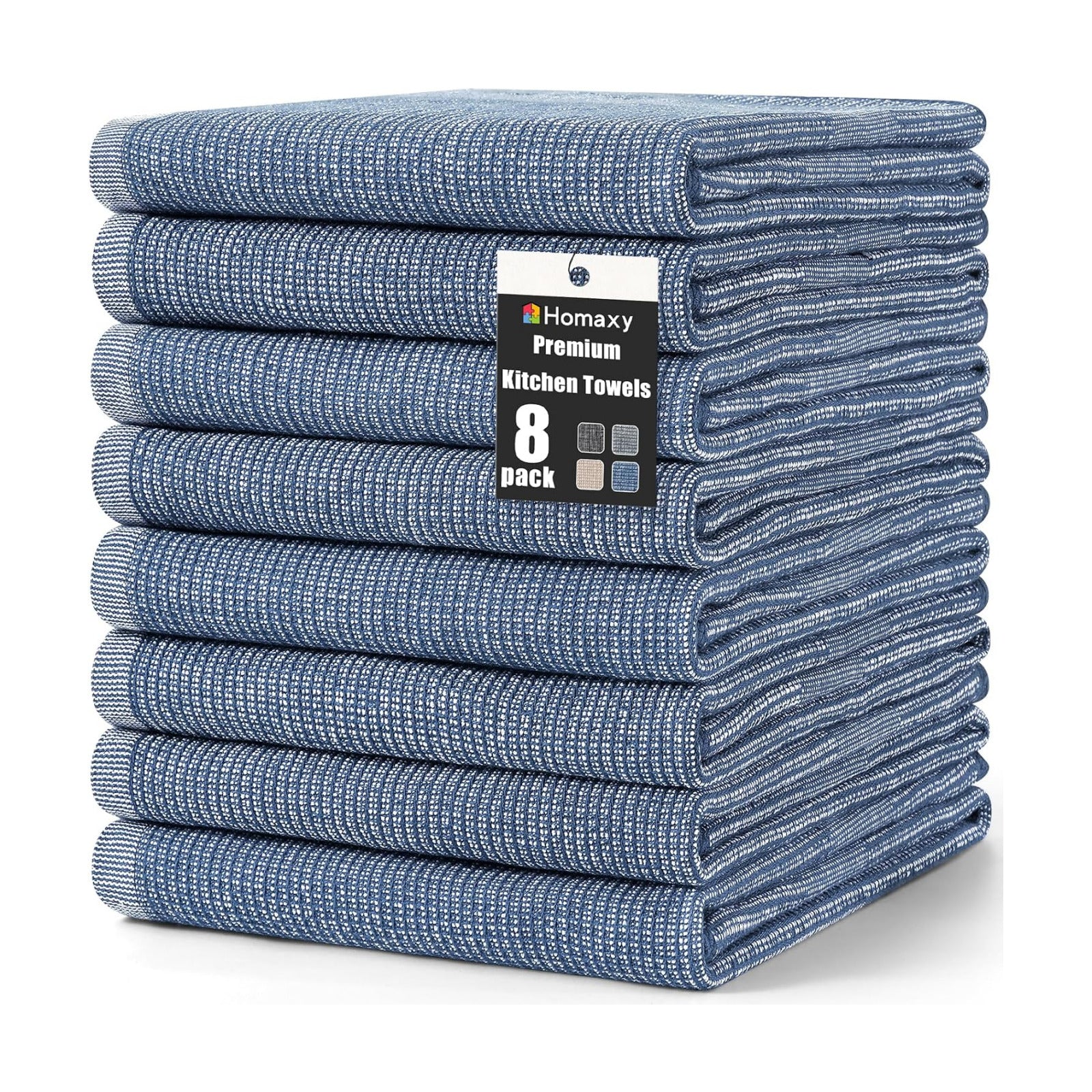 Homaxy 380 GSM Cotton Premium Kitchen Towels 8 Pack, 18"x 28", Navy Blue | Flat and Terry Dish Towels, Highly Absorbent